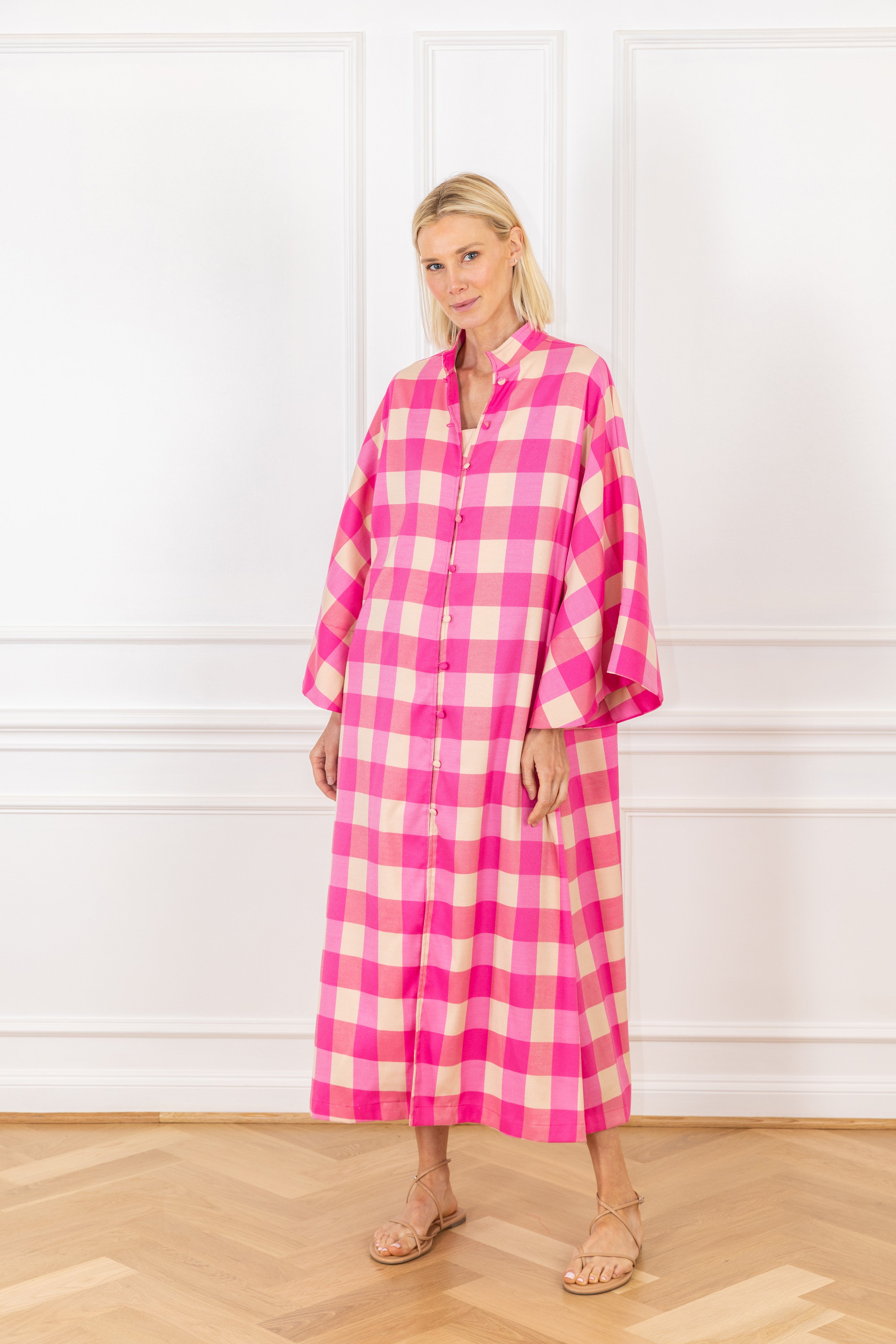 Pink Wide Check Open Front Caftan