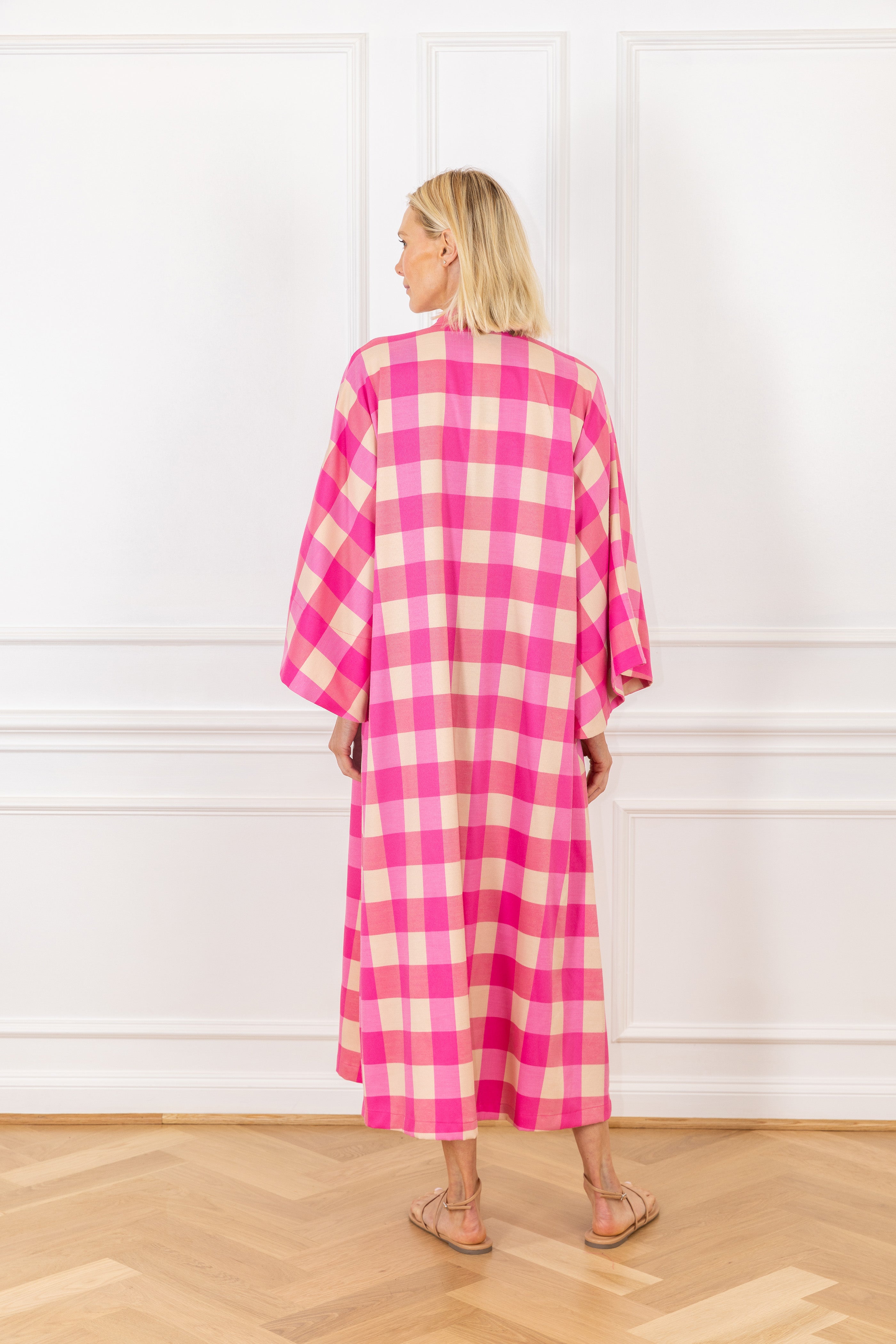 Pink Wide Check Open Front Caftan