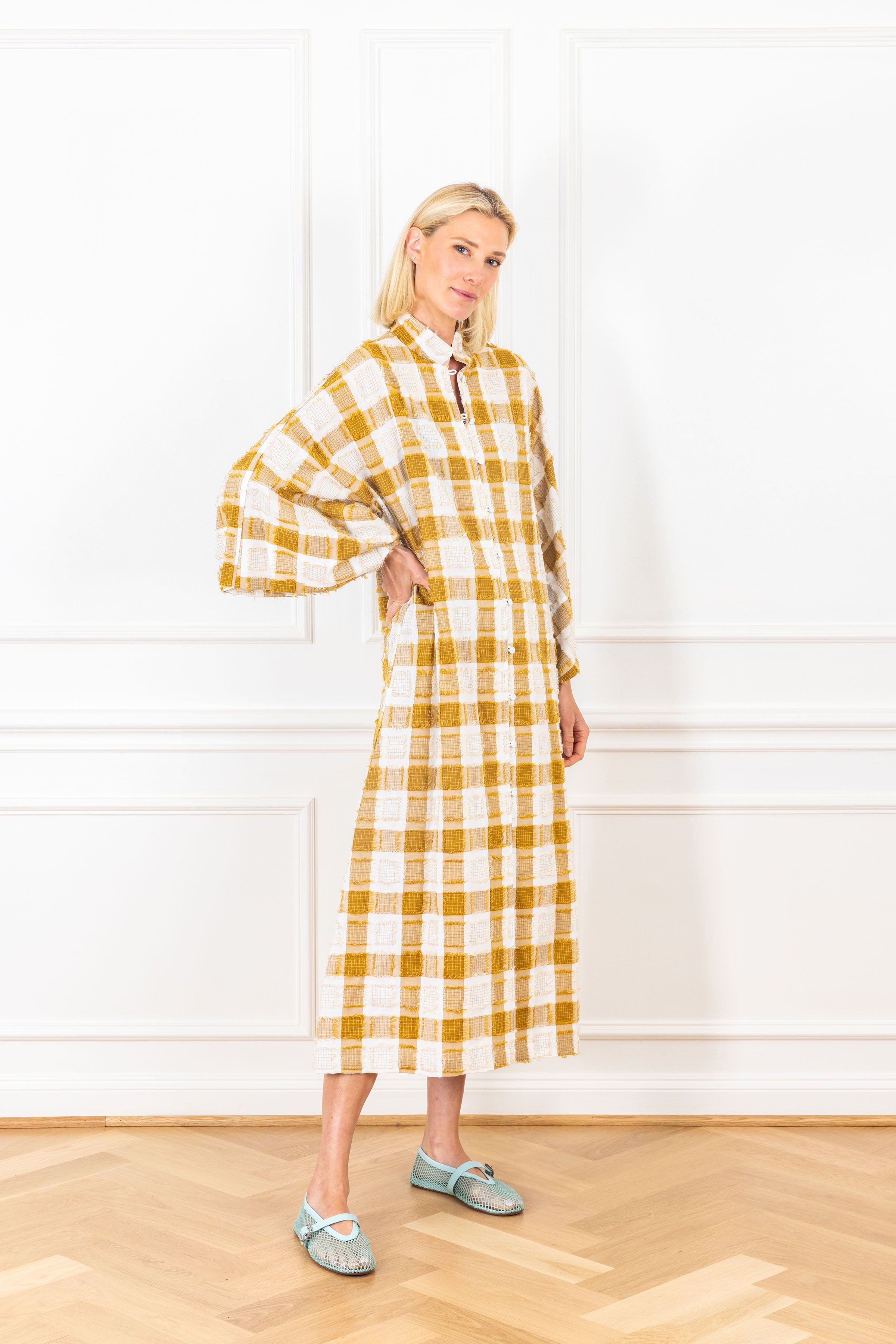 Mustard Plaid Fringe Open Front Caftan