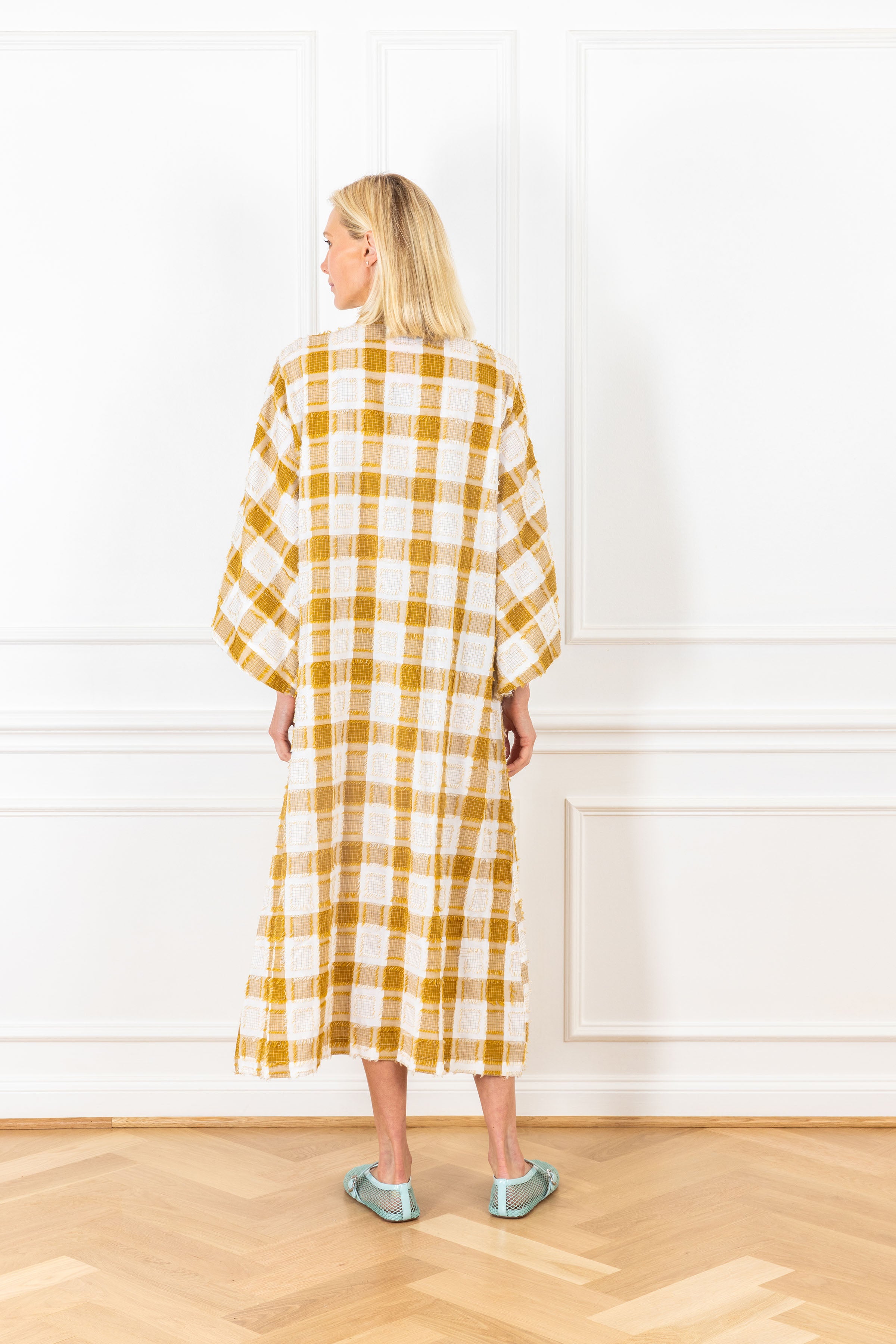 Mustard Plaid Fringe Open Front Caftan