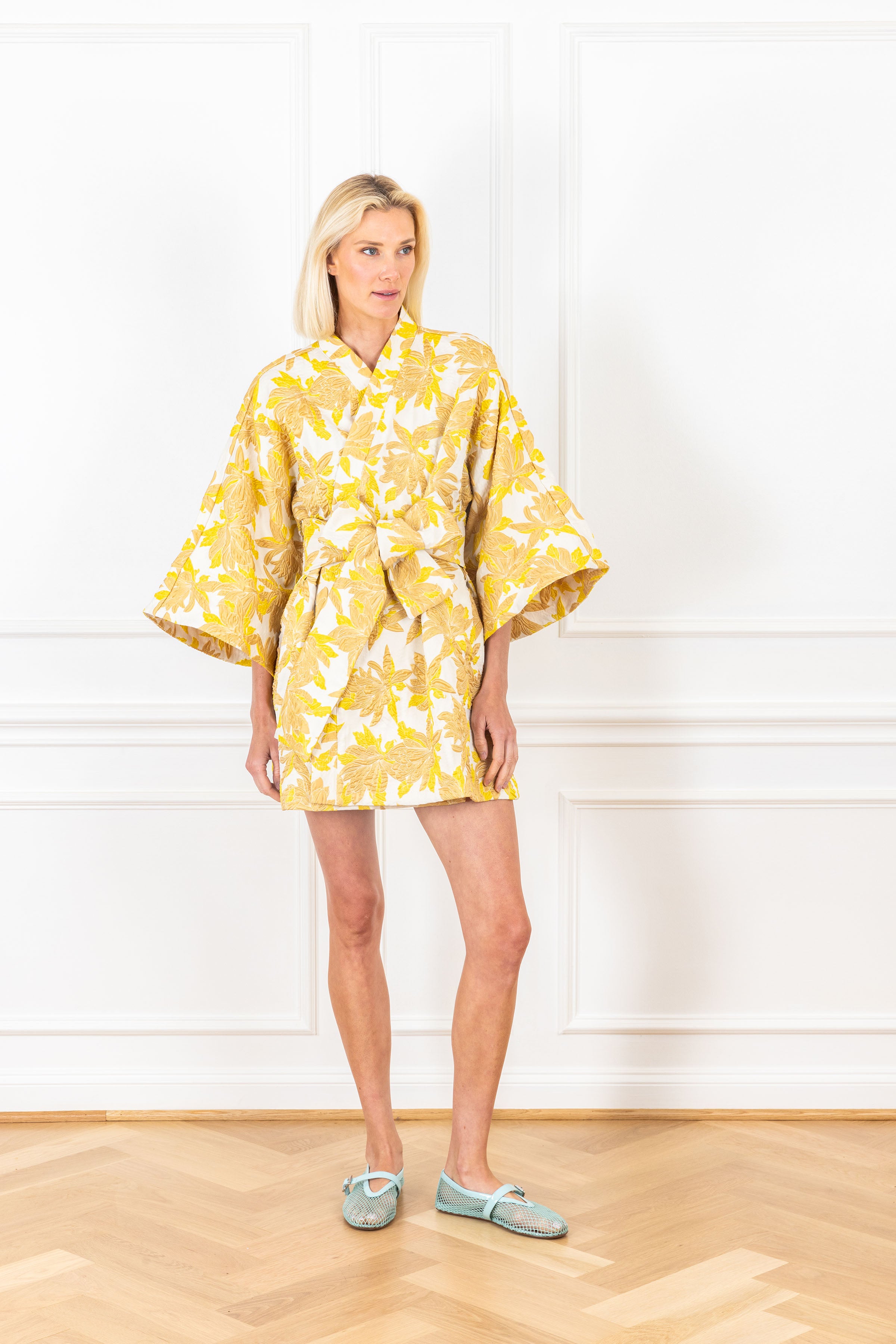 Golden Bamboo Jacquard Mini Wrap Dress