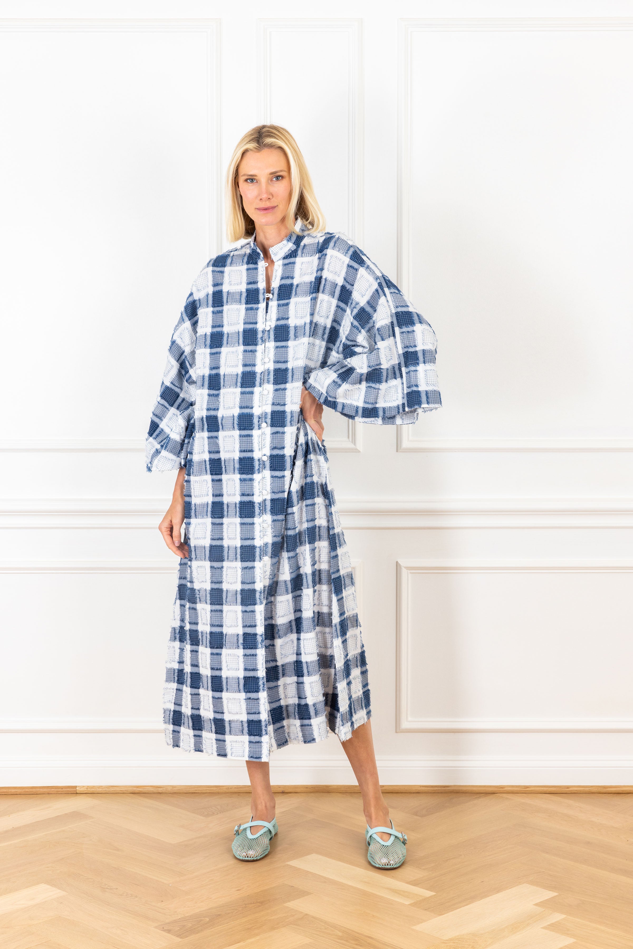 Navy Plaid Fringe Open Front Caftan