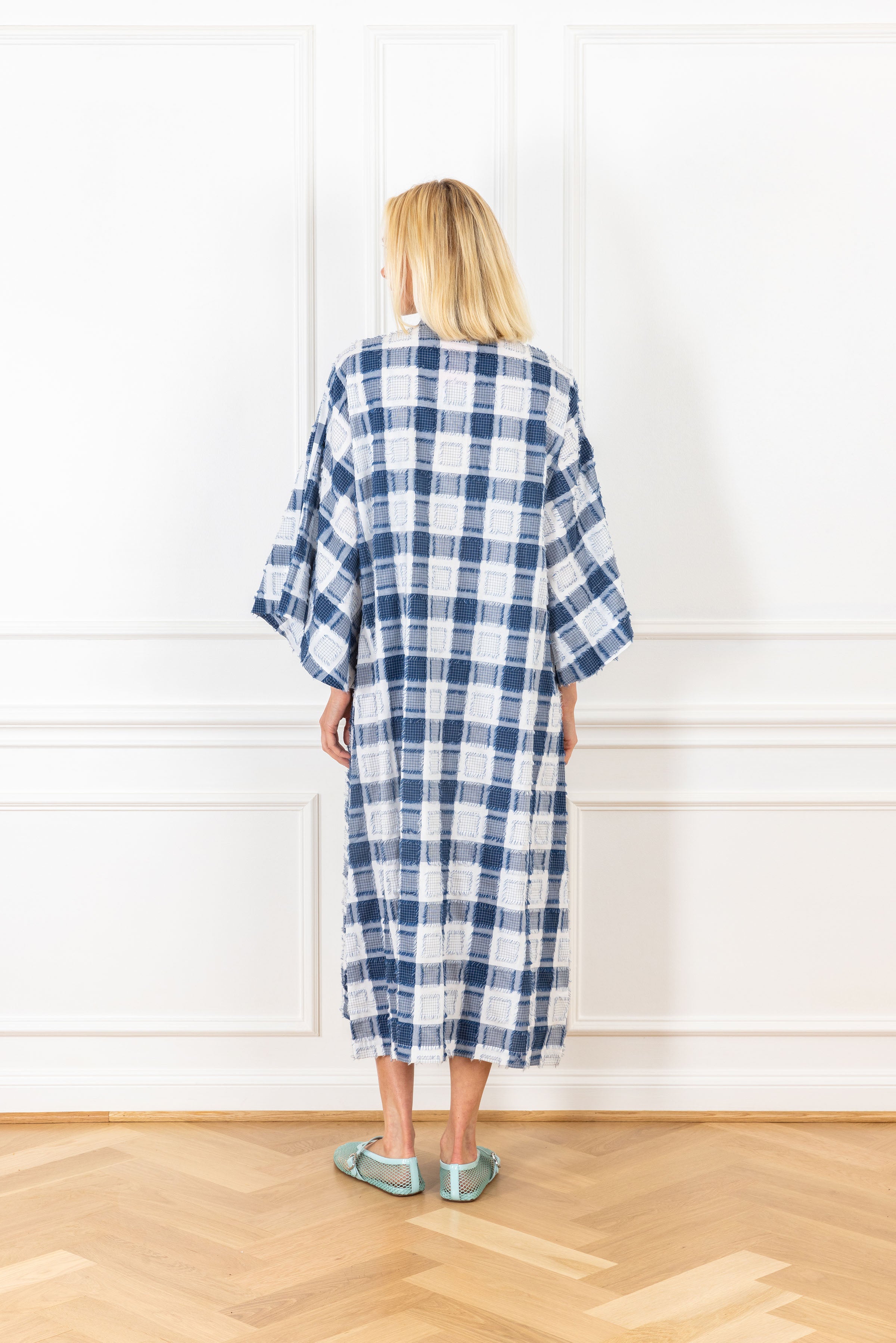 Navy Plaid Fringe Open Front Caftan