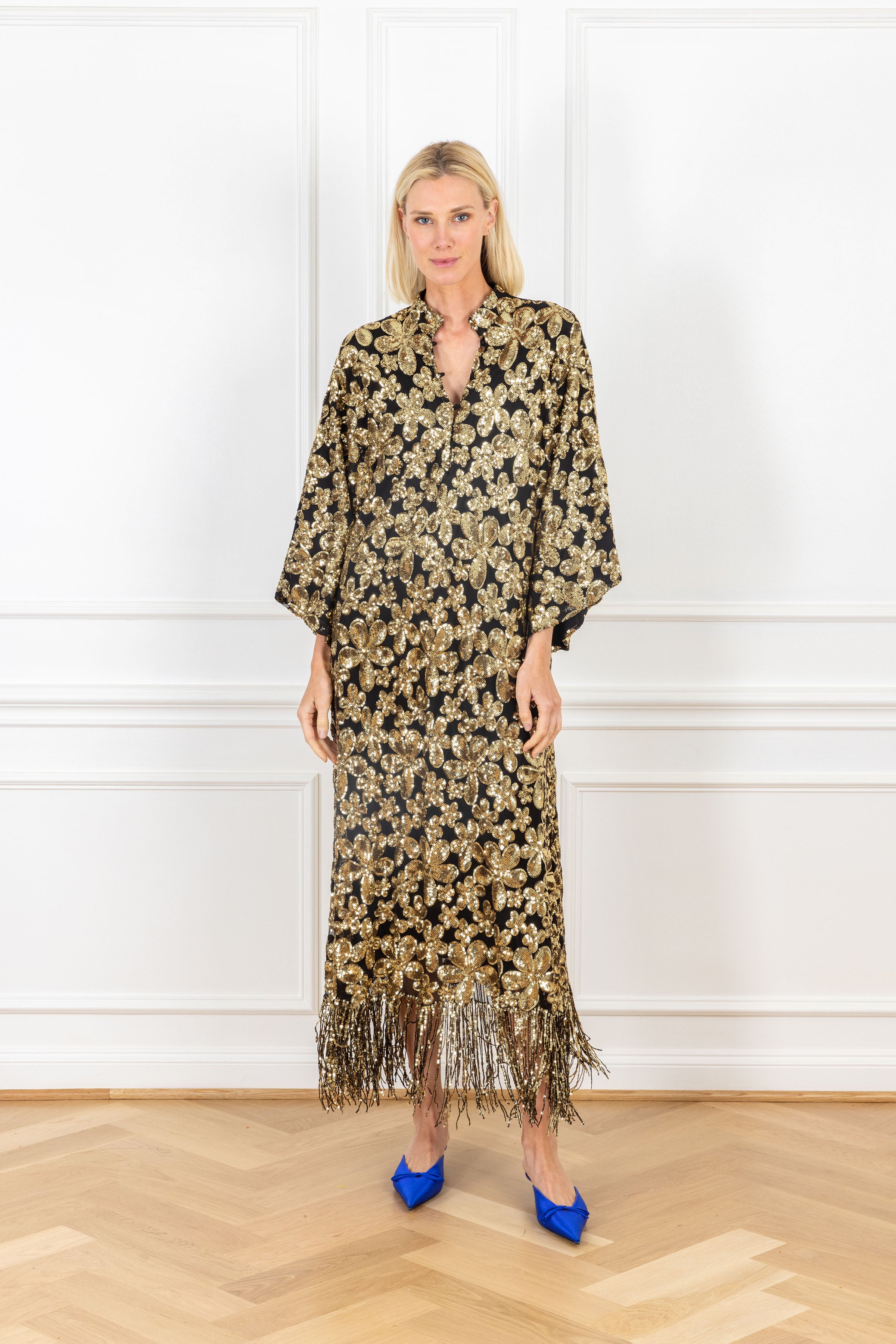 Gold Sequin Fringe Maxi Caftan