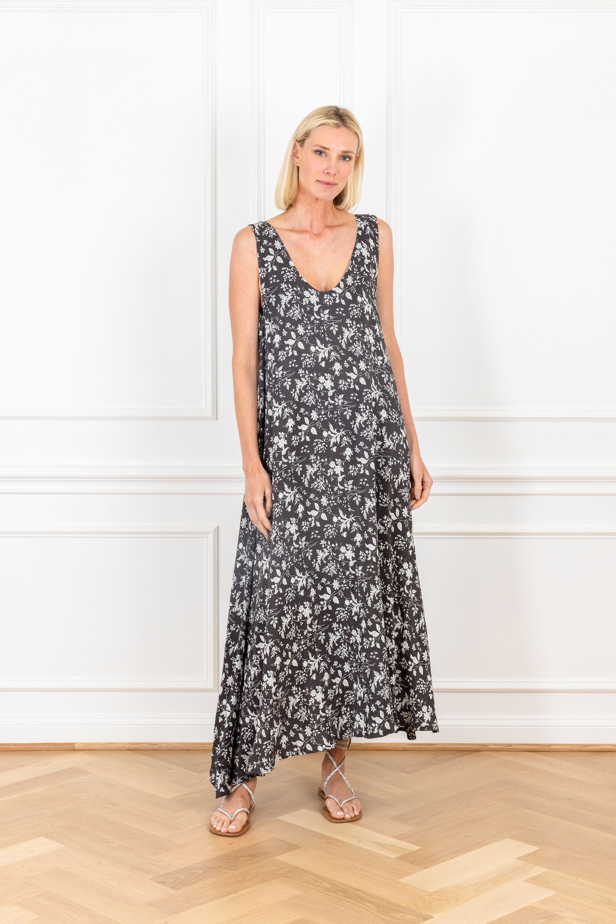 Black Autumn Floral Maxi Swing Dress