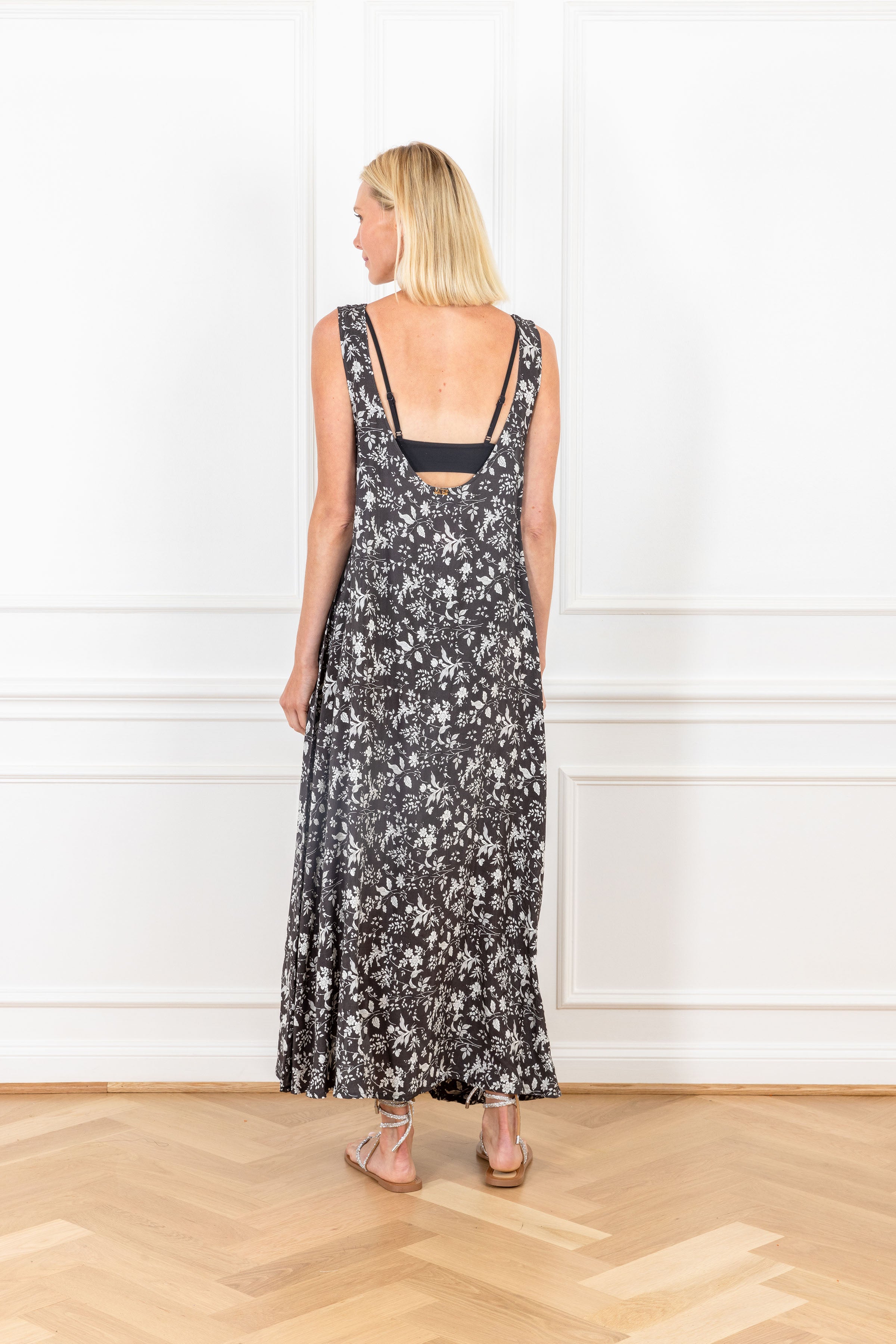 Black Autumn Floral Maxi Swing Dress