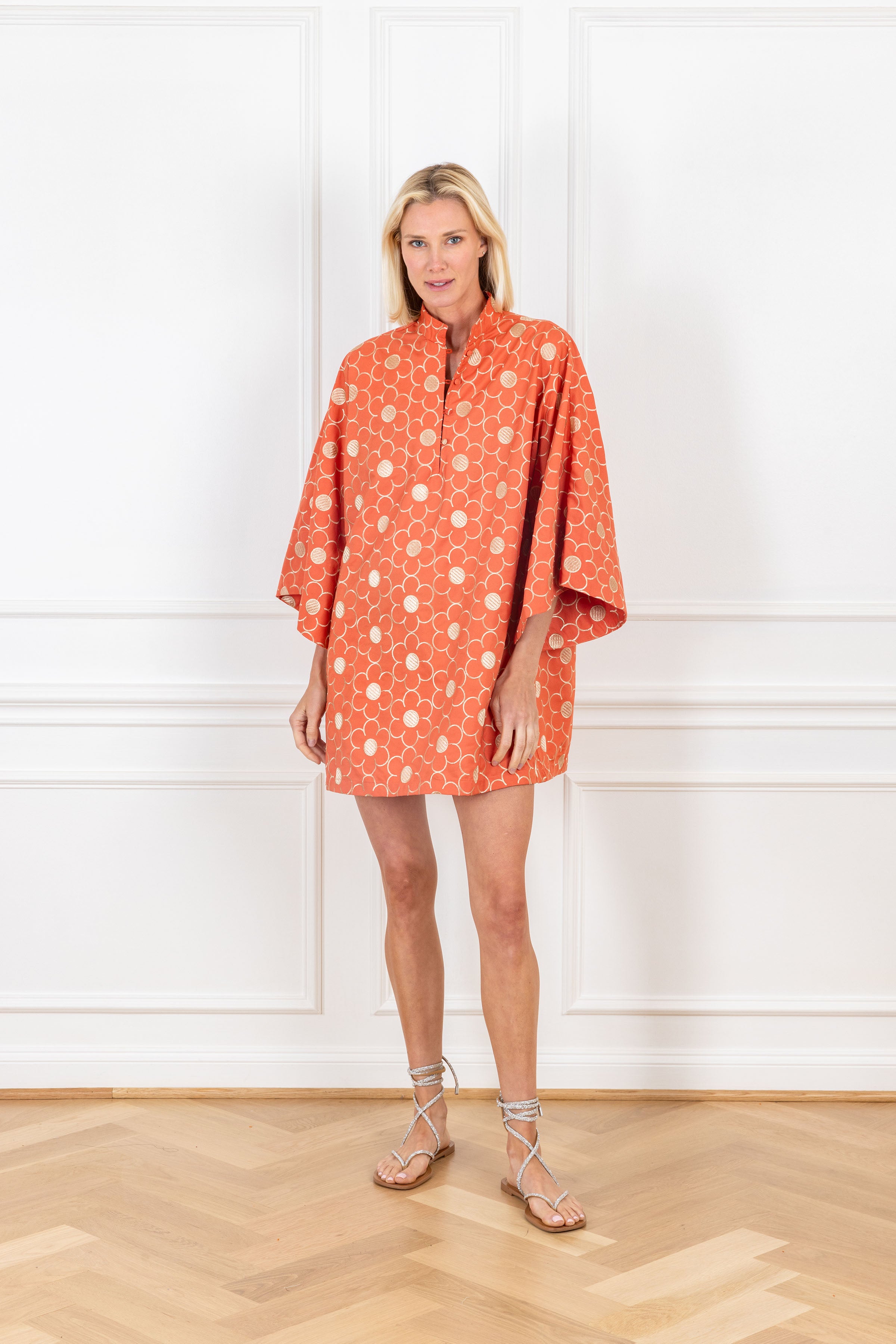 Coral Embossed Mini Caftan