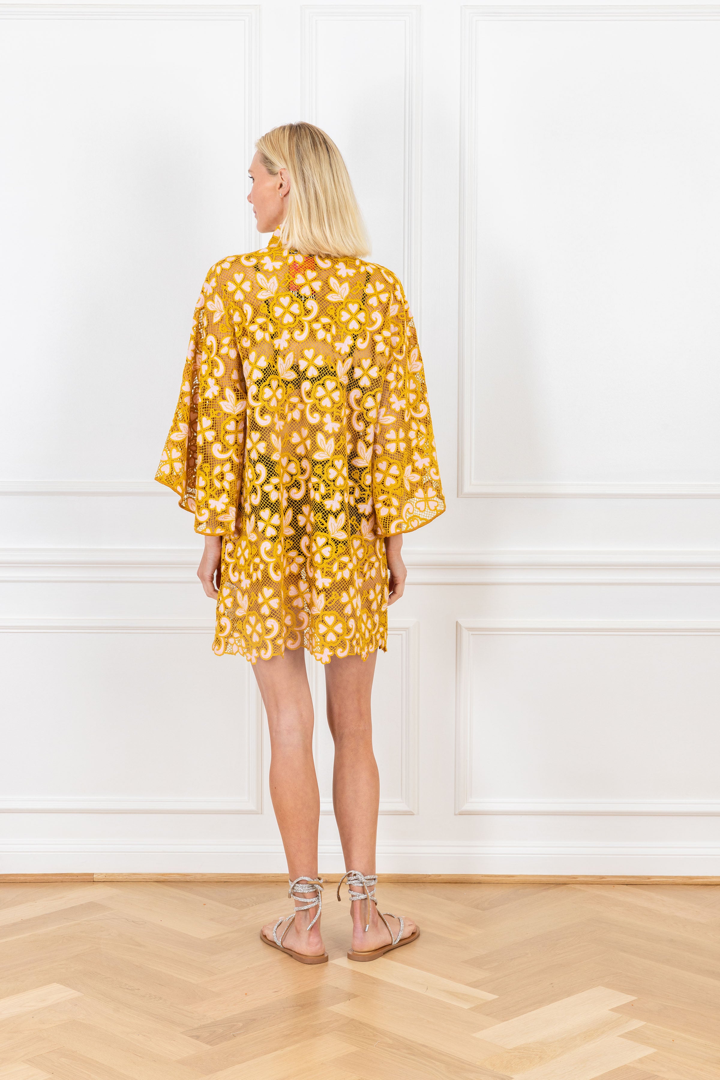 Mustard Peach Crochet Mini Caftan