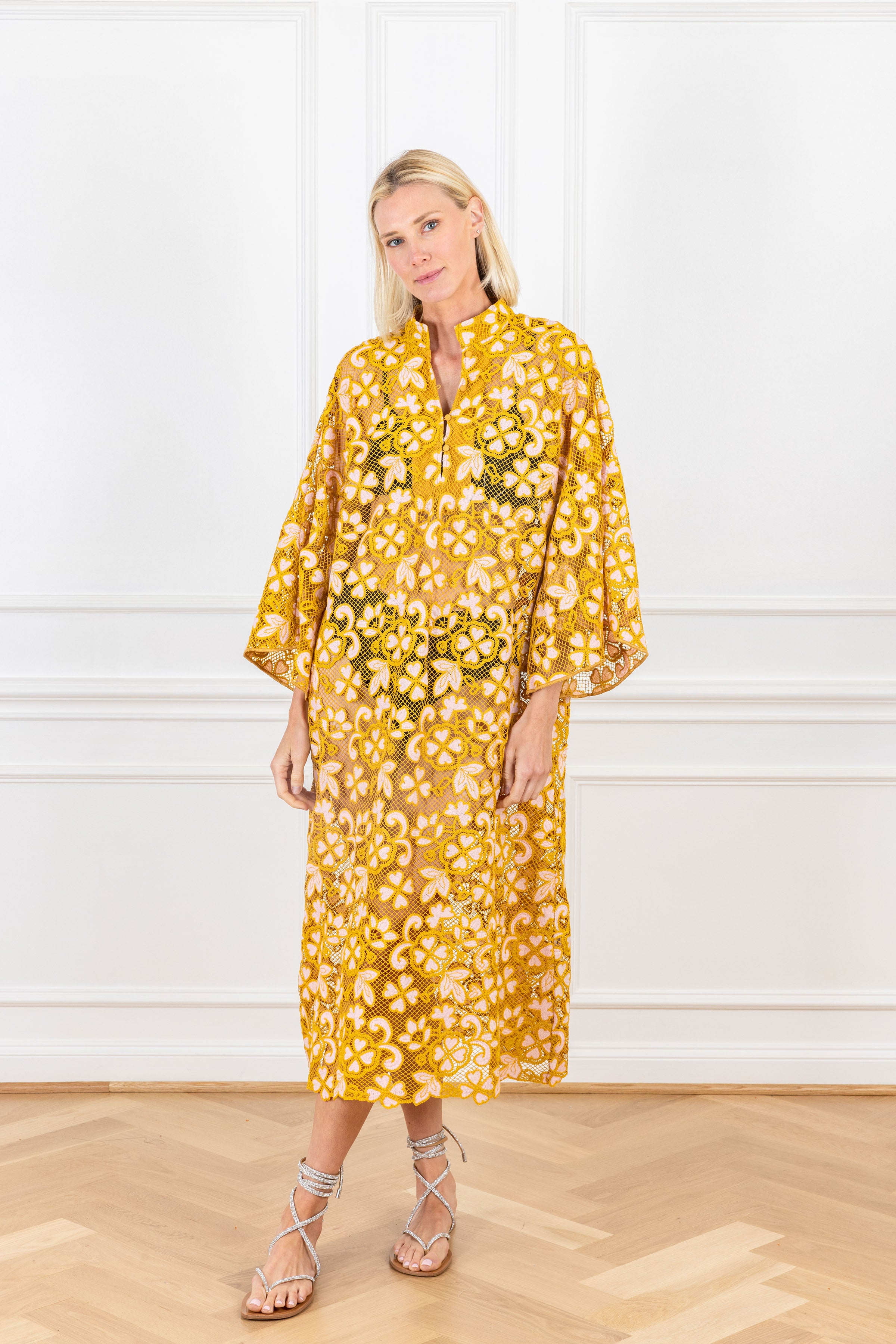 Mustard Peach Crochet Maxi Caftan