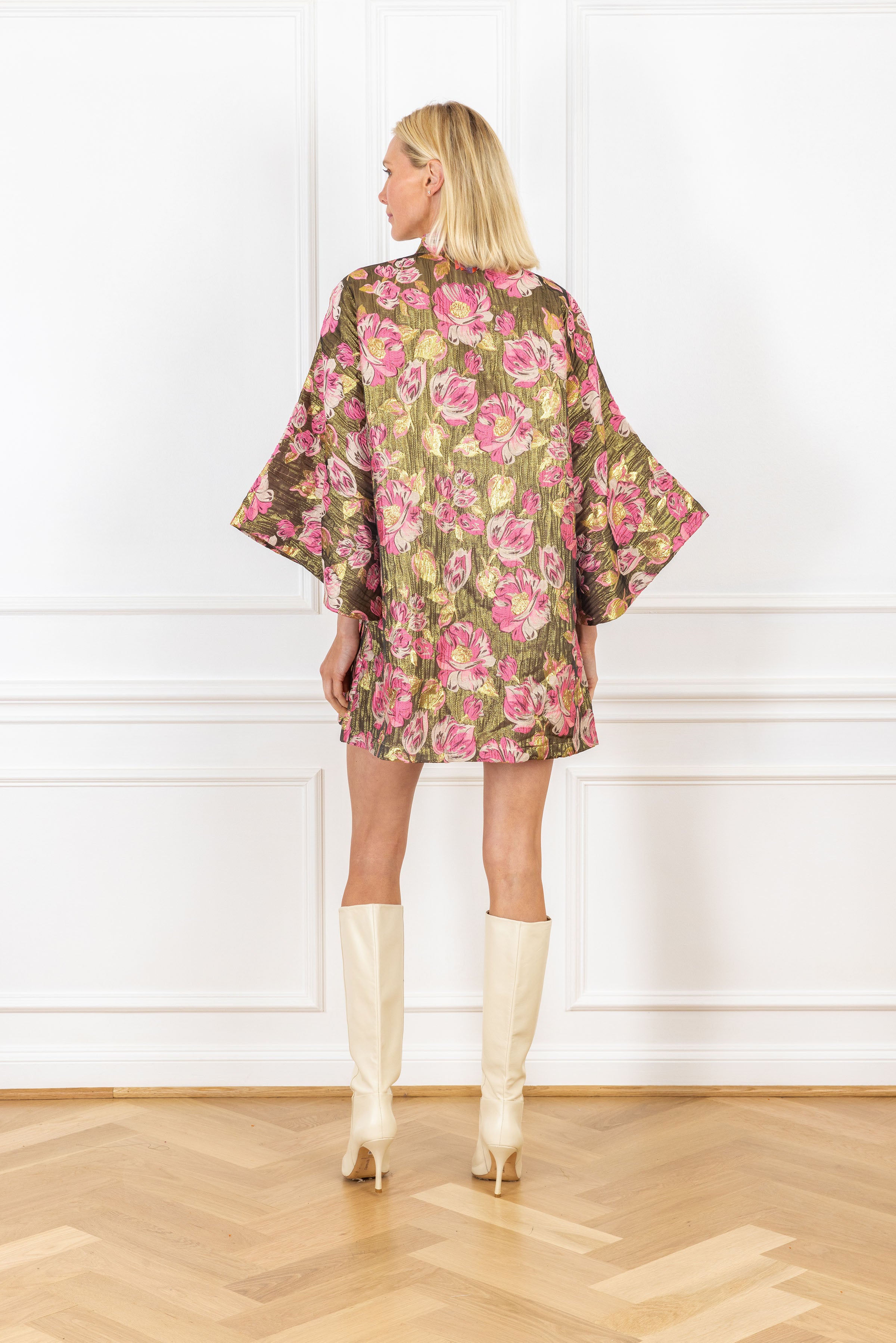 Bronze Floral Brocade Mini Caftan