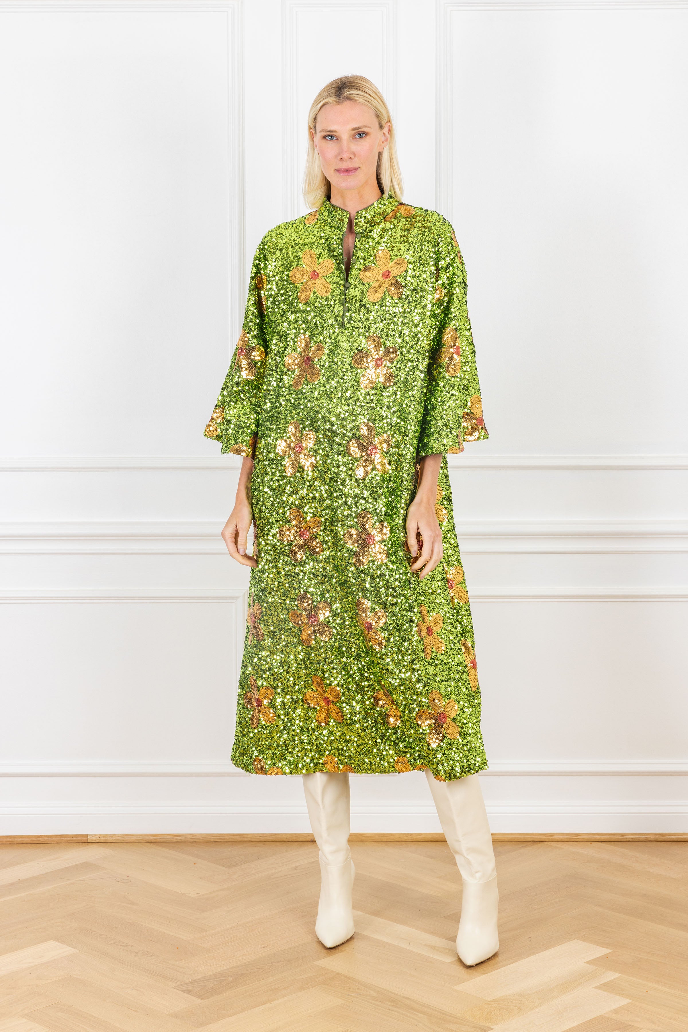 Golden Green Sequin Maxi Caftan