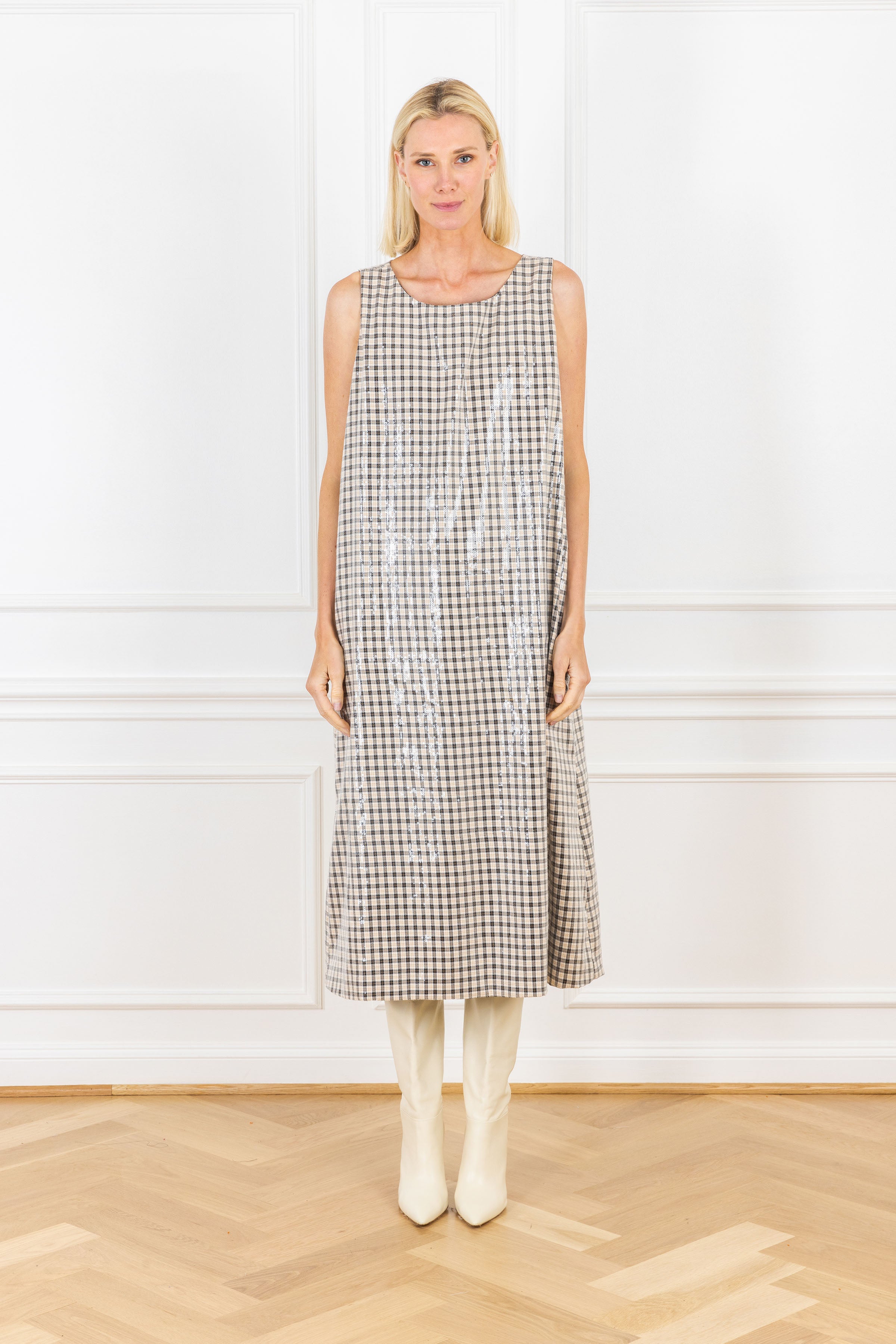 Almond Gingham Sequin Maxi A-Line Dress