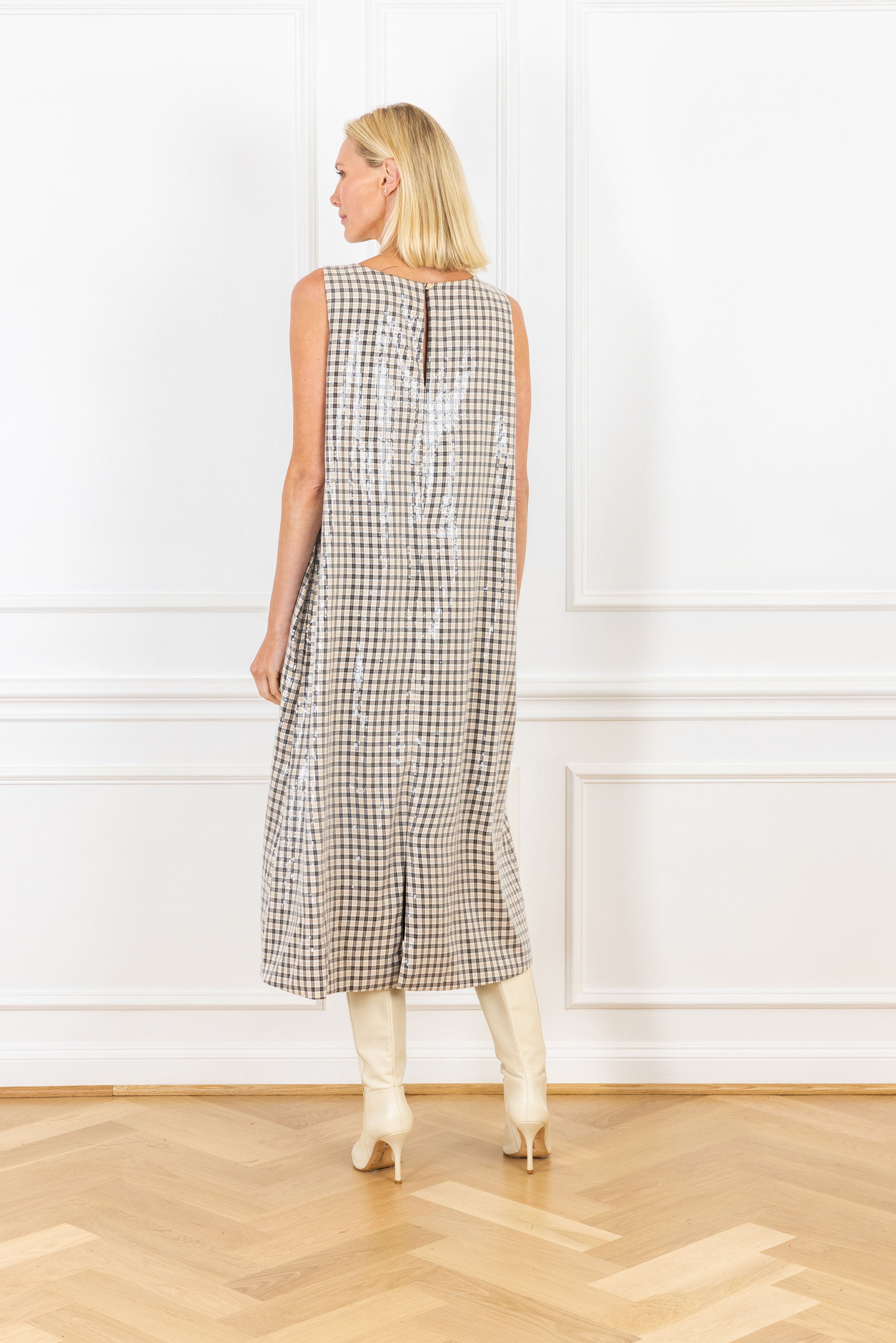 Almond Gingham Sequin Maxi A-Line Dress