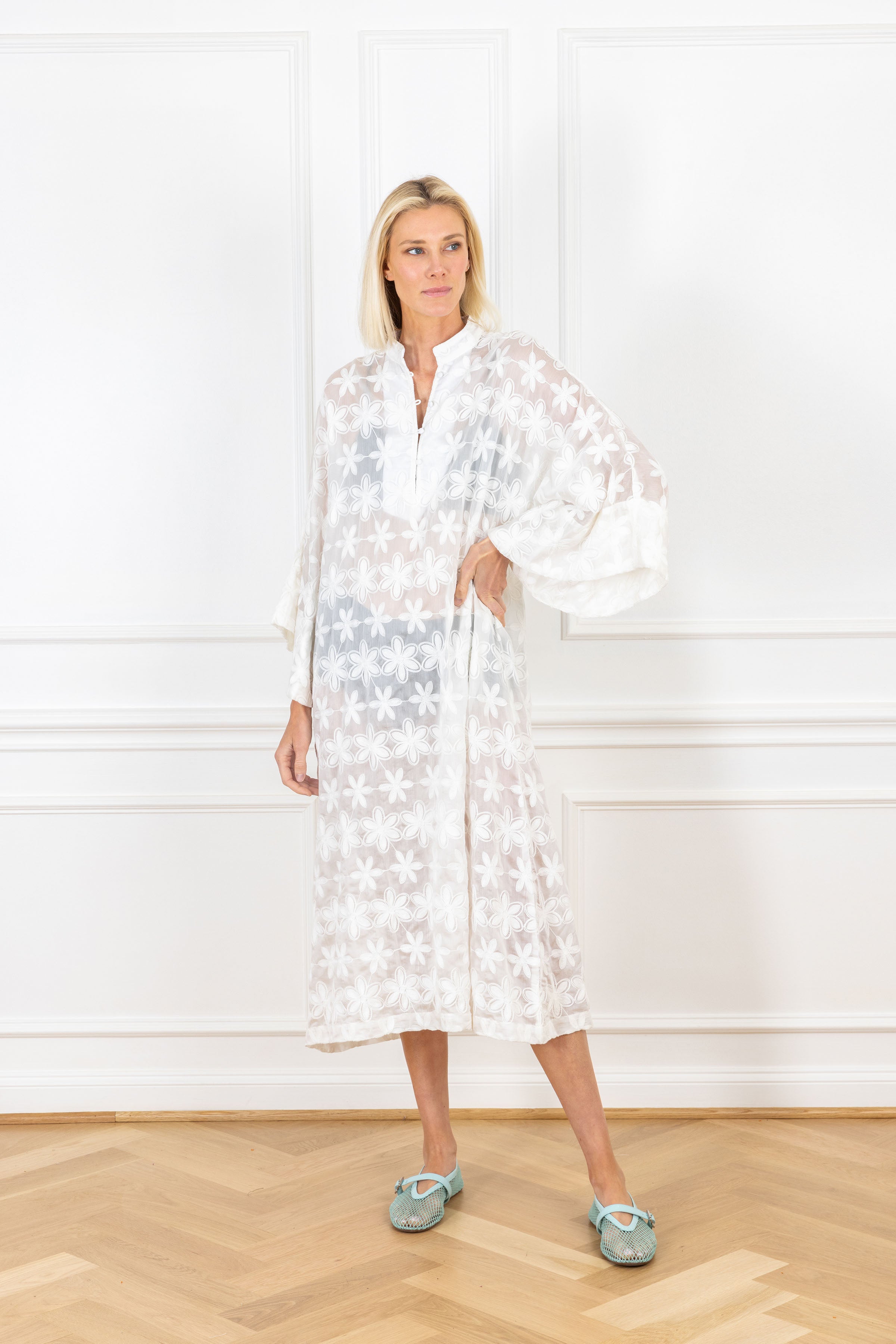 White Sheer Floral Maxi Caftan