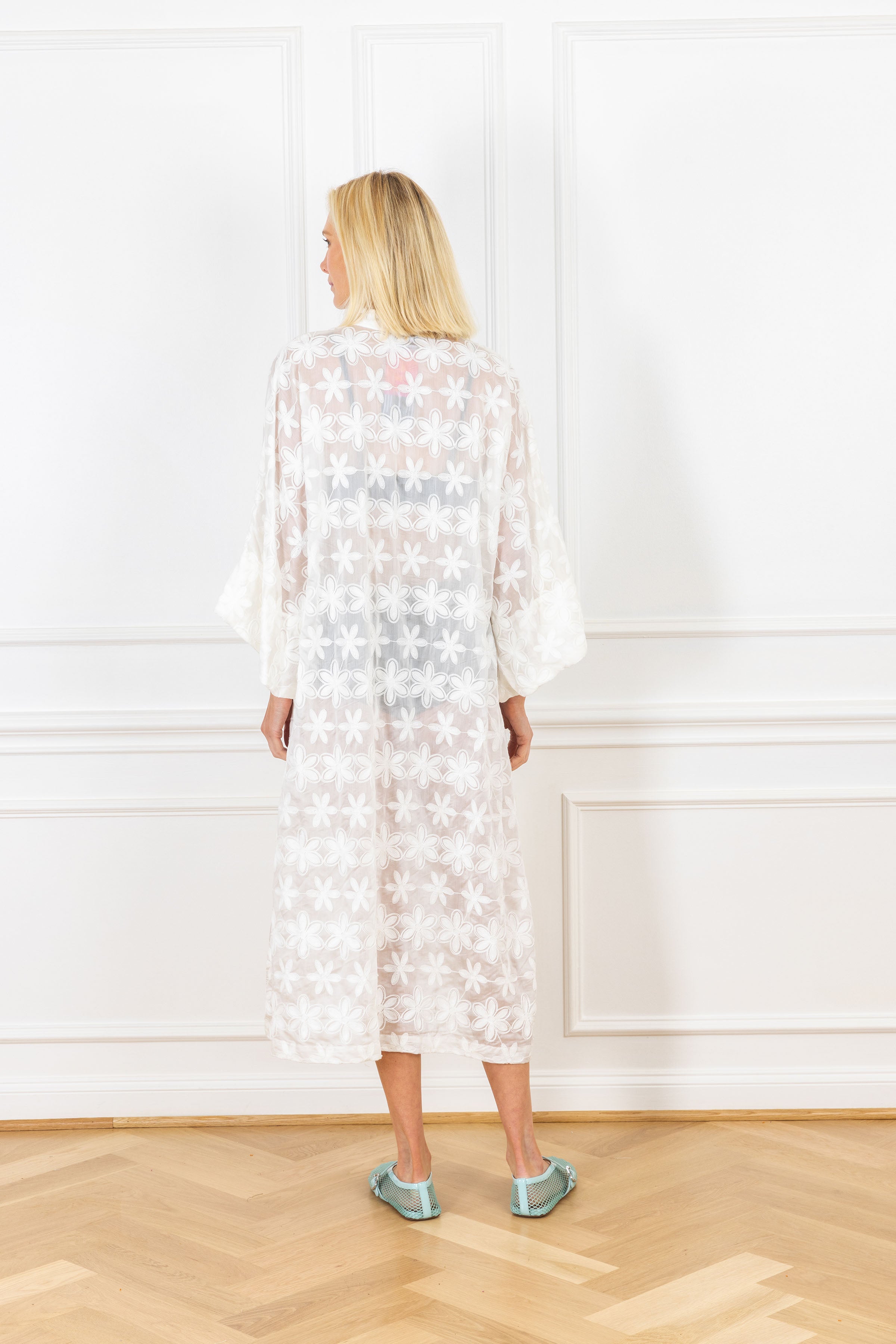 White Sheer Floral Maxi Caftan