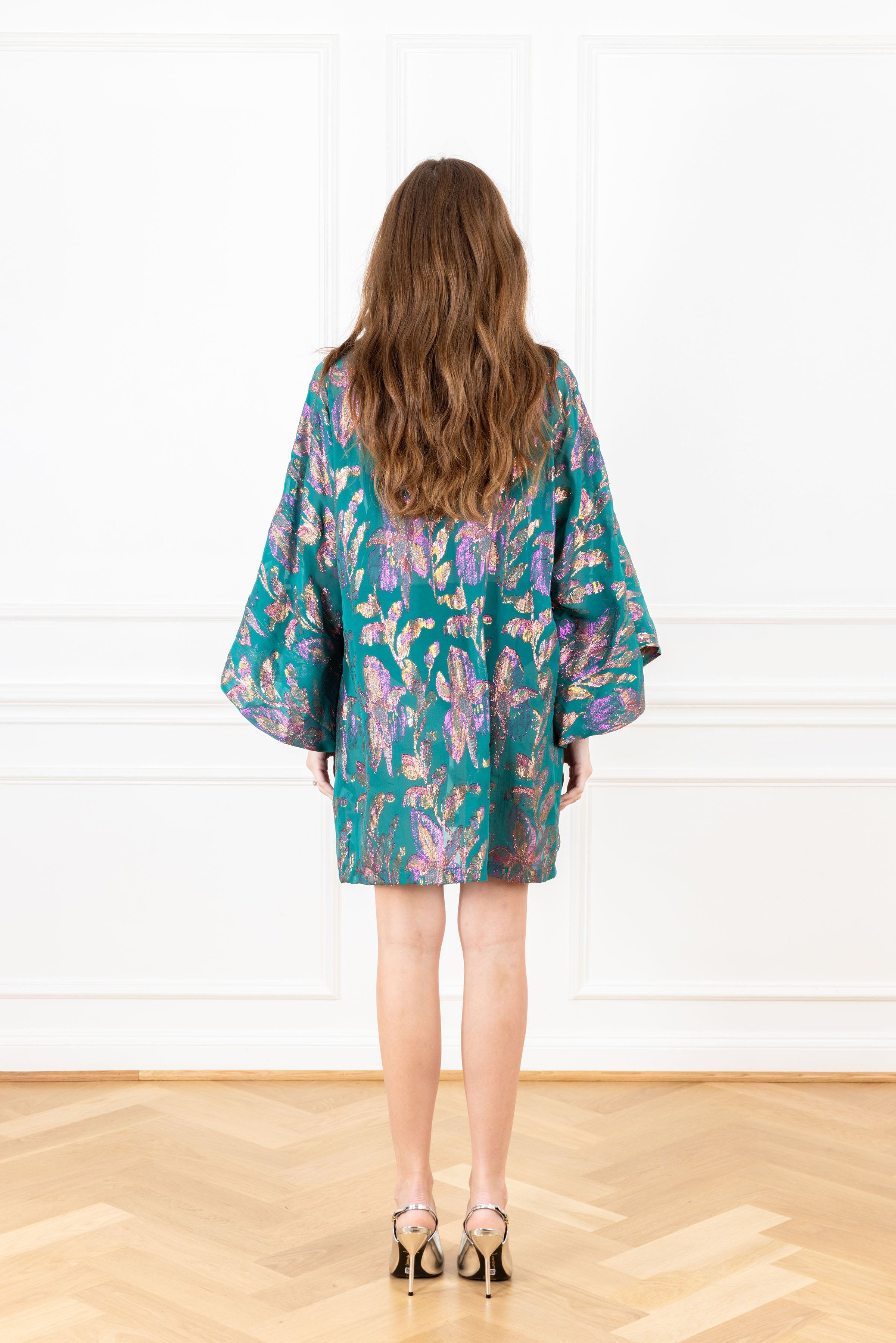 Teal Chiffon Tinsel Florals Mini Caftan