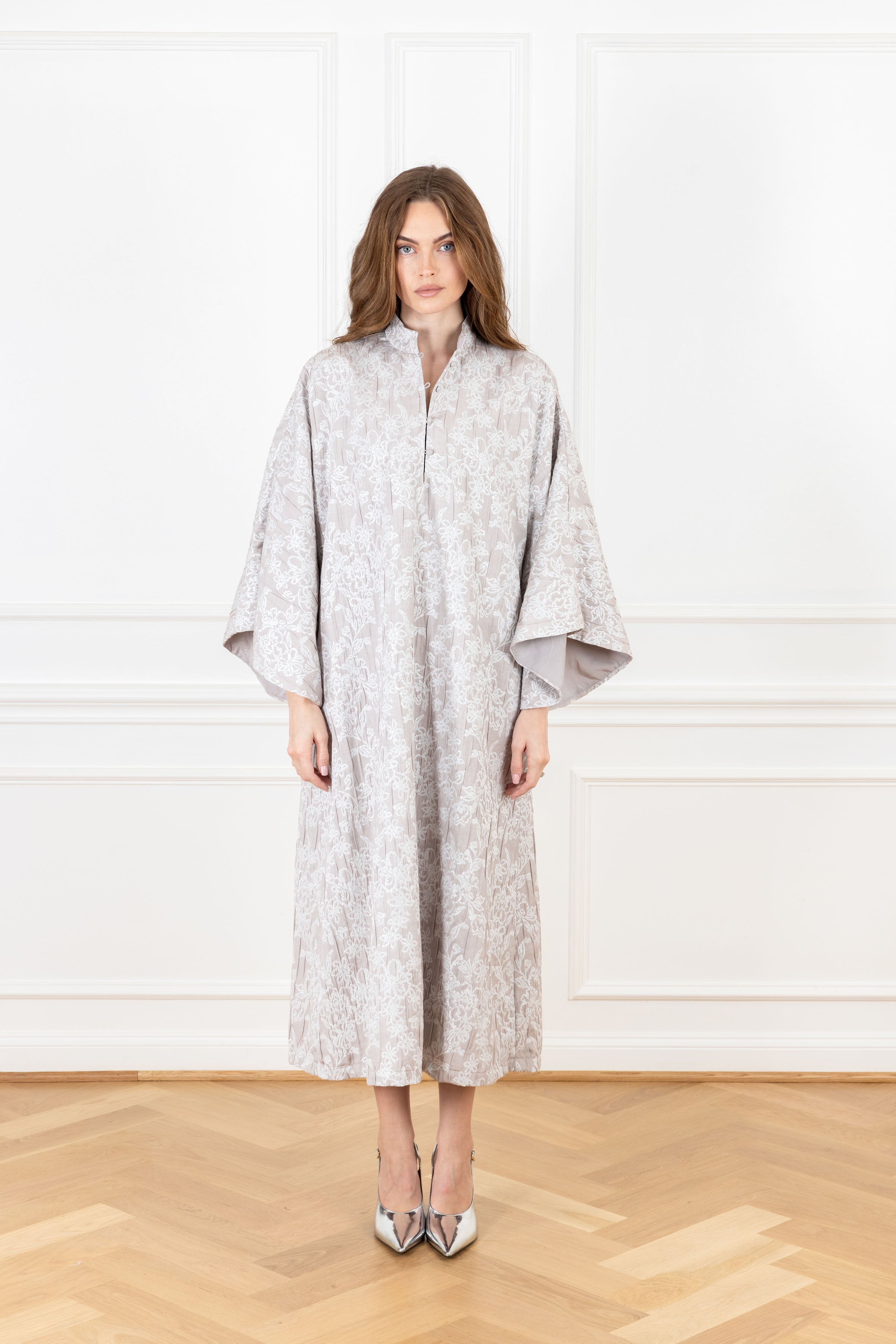 Grey Embossed Jacquard Maxi Caftan