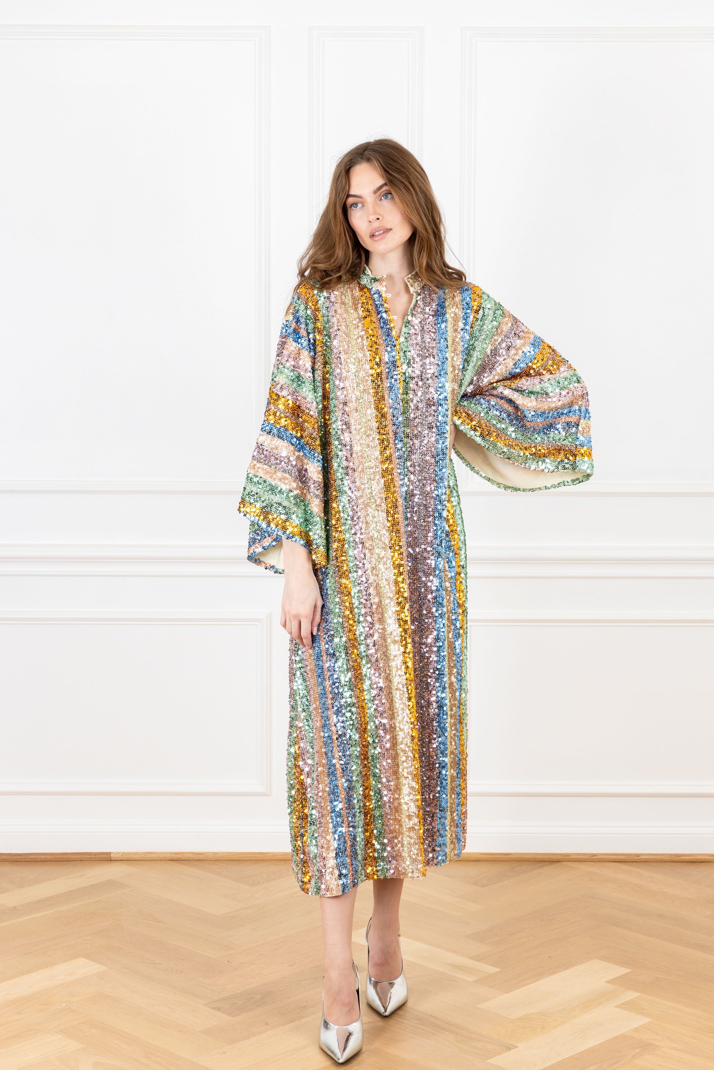 Golden Peach Sequin Stripe Maxi Caftan