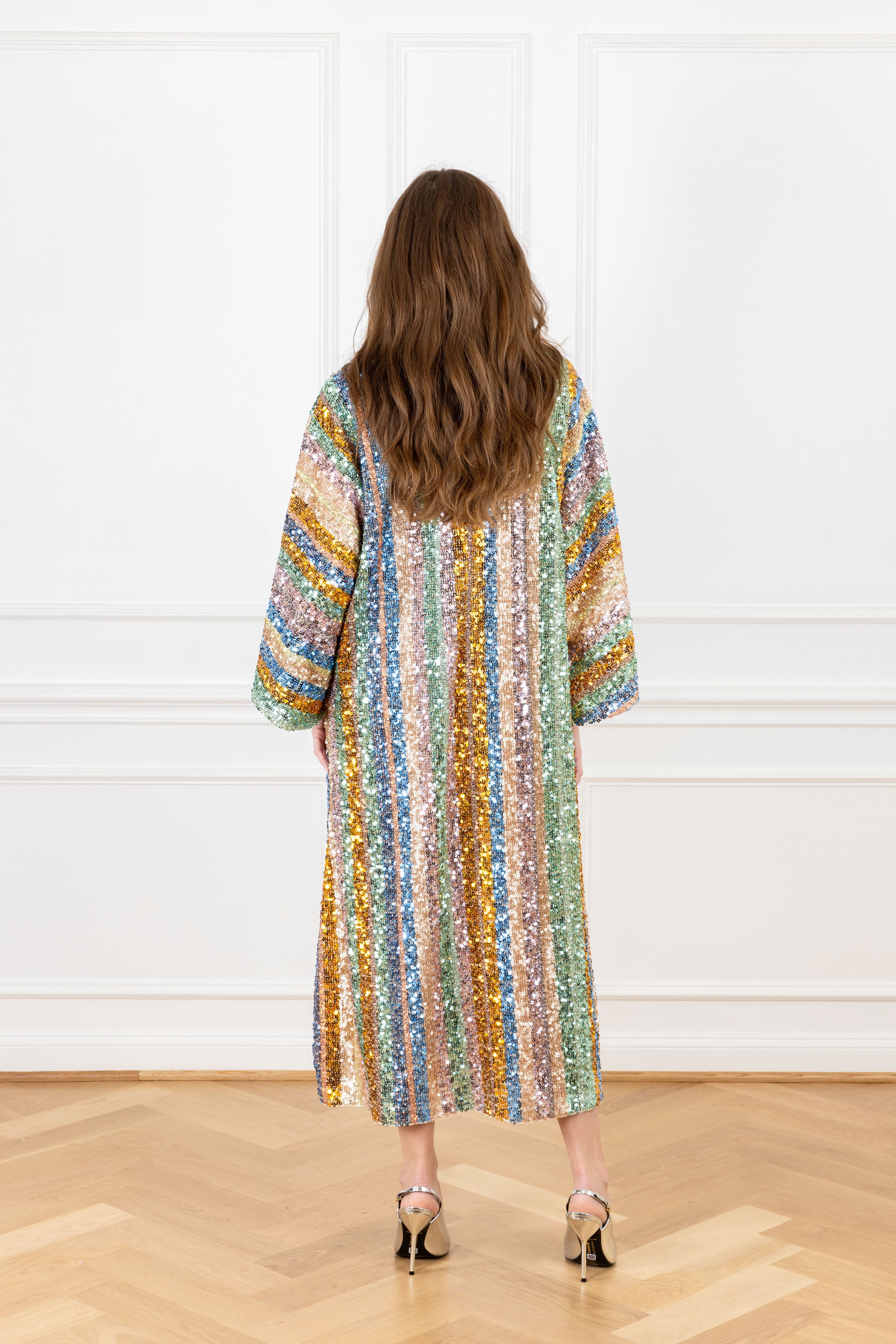 Golden Peach Sequin Stripe Maxi Caftan