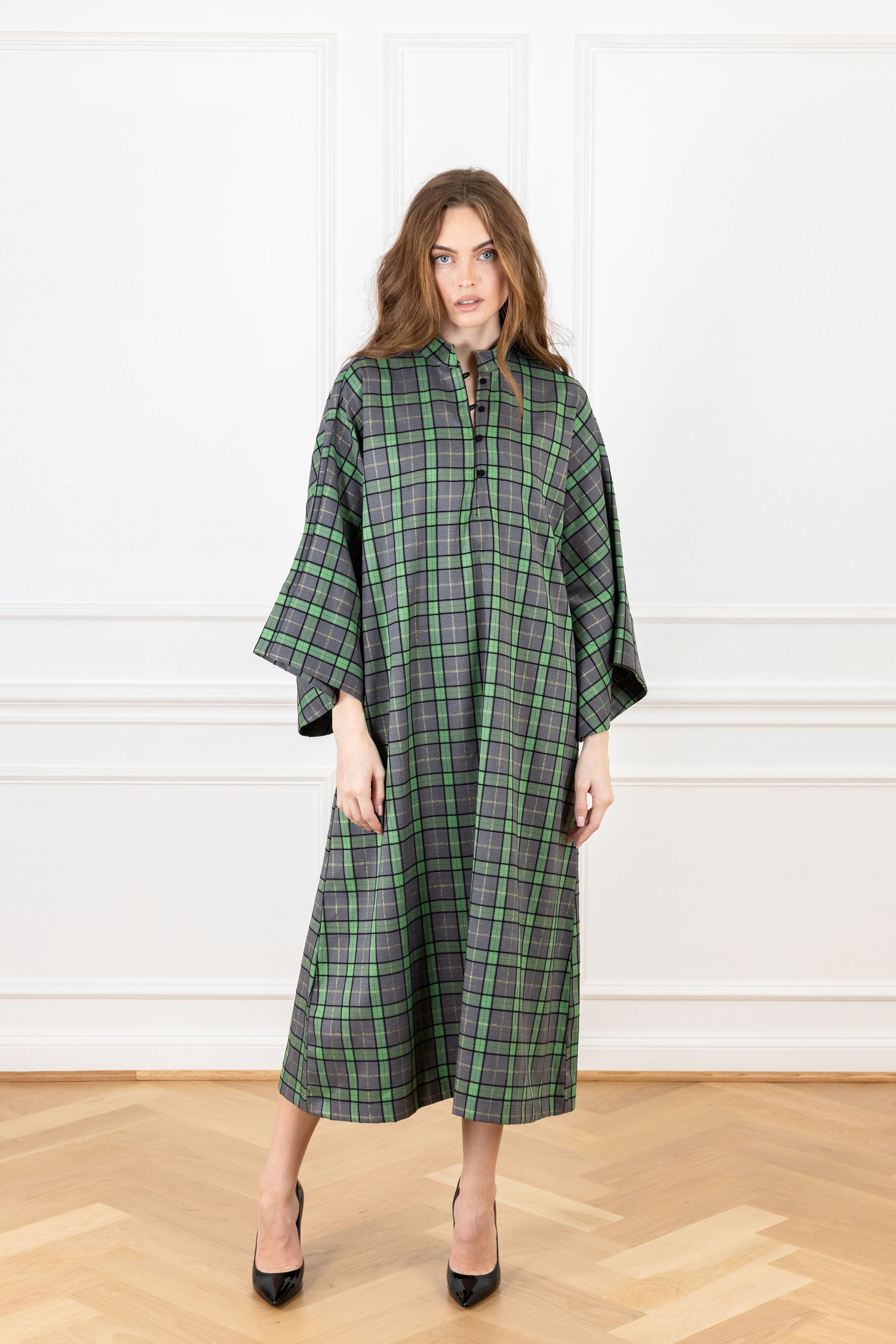 Smoky Green Plaid Maxi Caftan