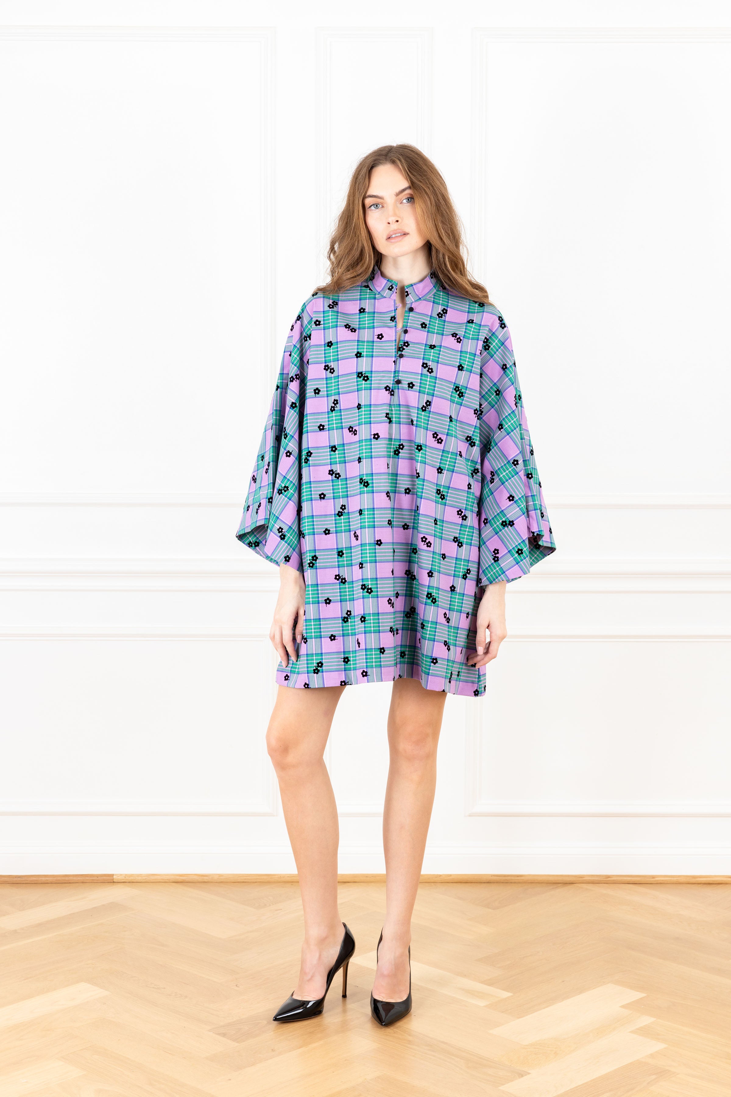 Wisteria Daisy Plaid Mini Caftan