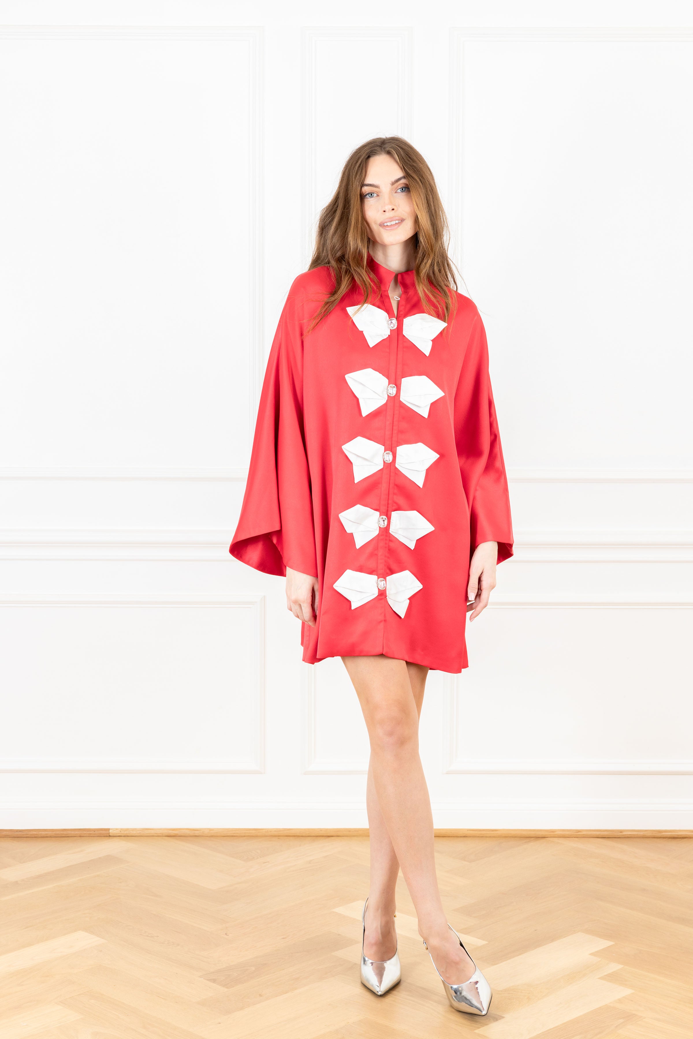 Ribbon Red Mini Open Front Caftan