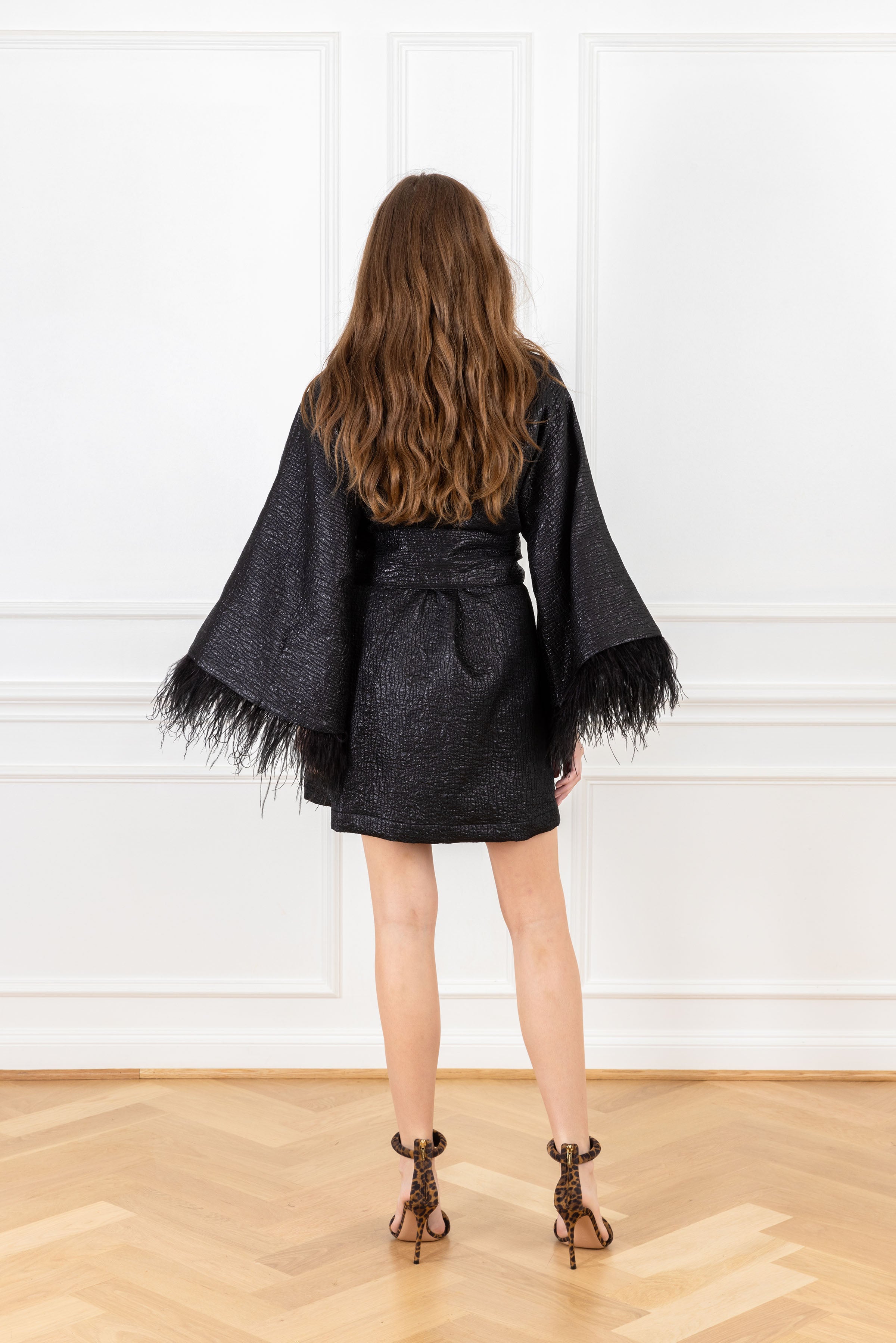 Black Brocade Feather Mini Wrap Dress