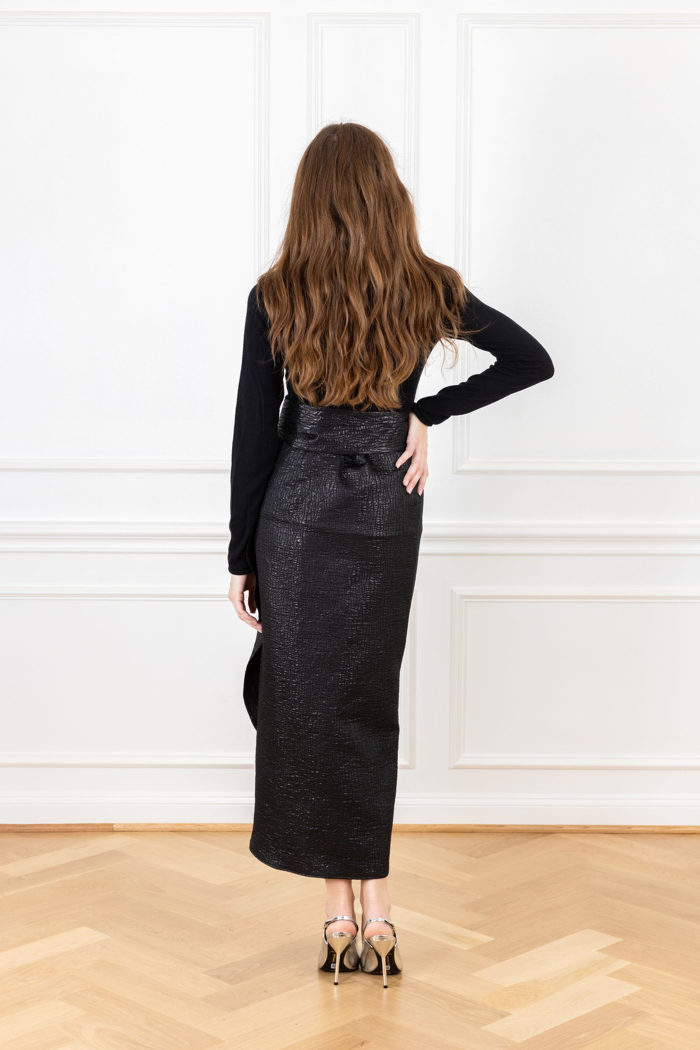 Black Brocade Shimmer Maxi Wrap Skirt