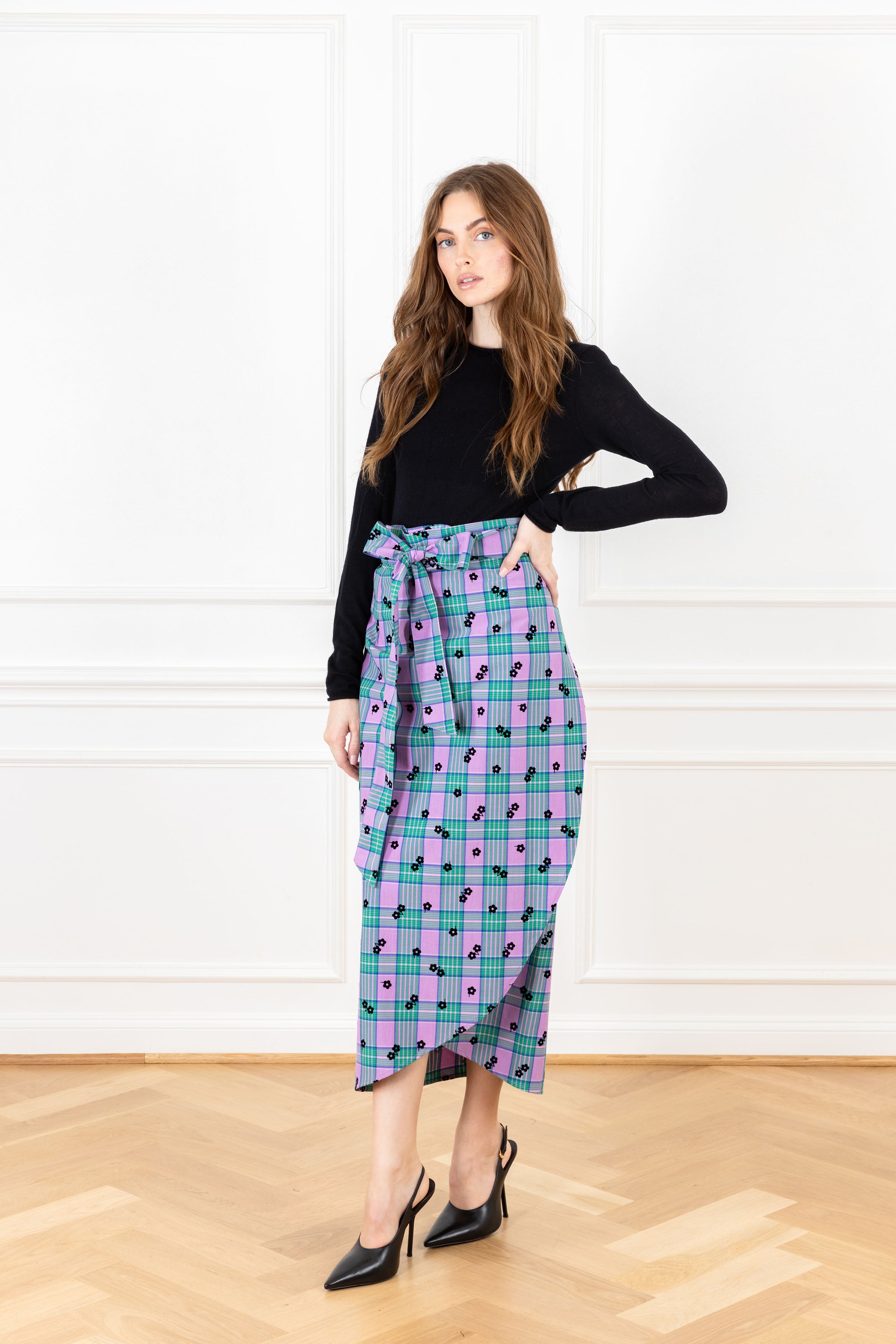 Wisteria Daisy Plaid Maxi Wrap Skirt