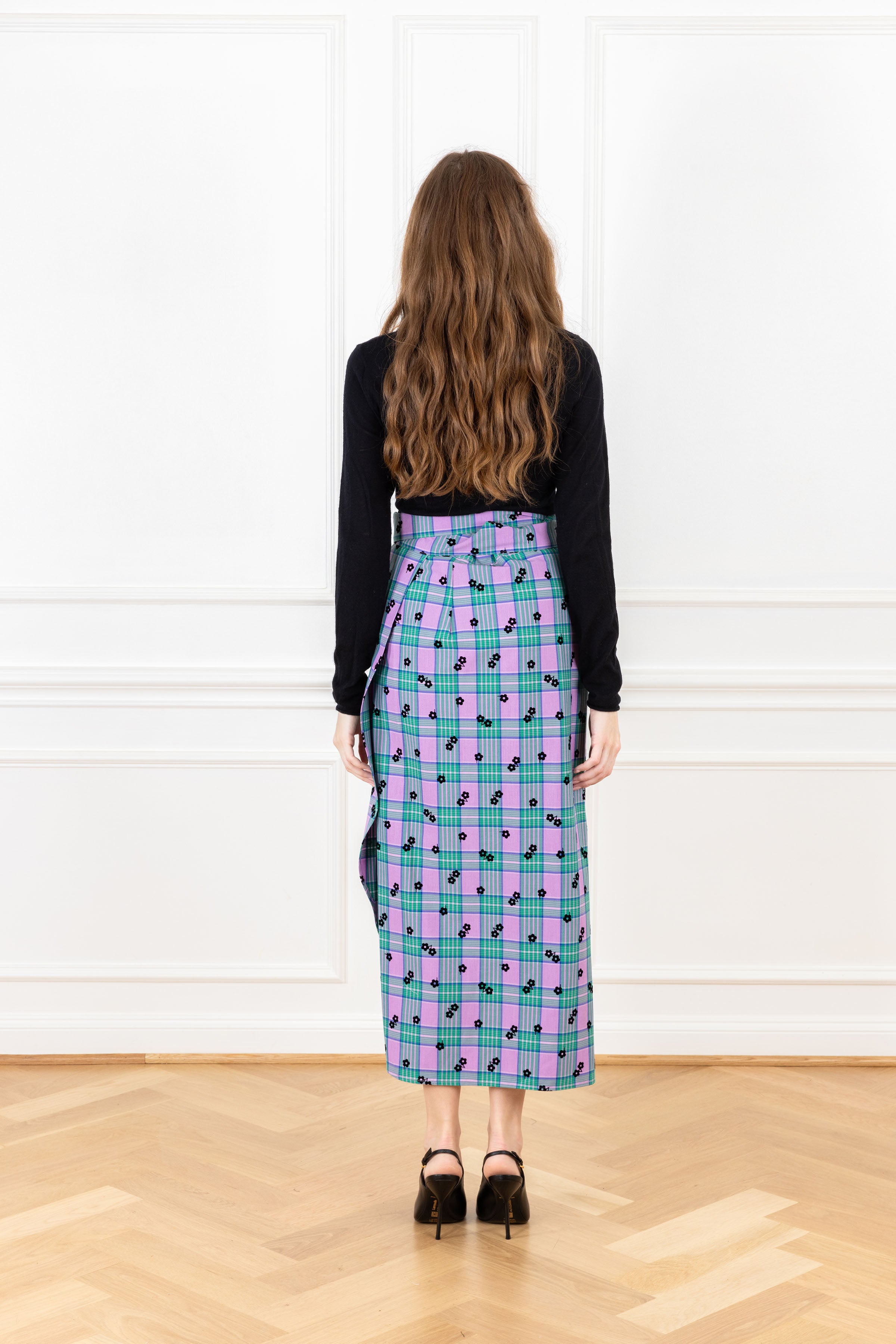 Wisteria Daisy Plaid Maxi Wrap Skirt