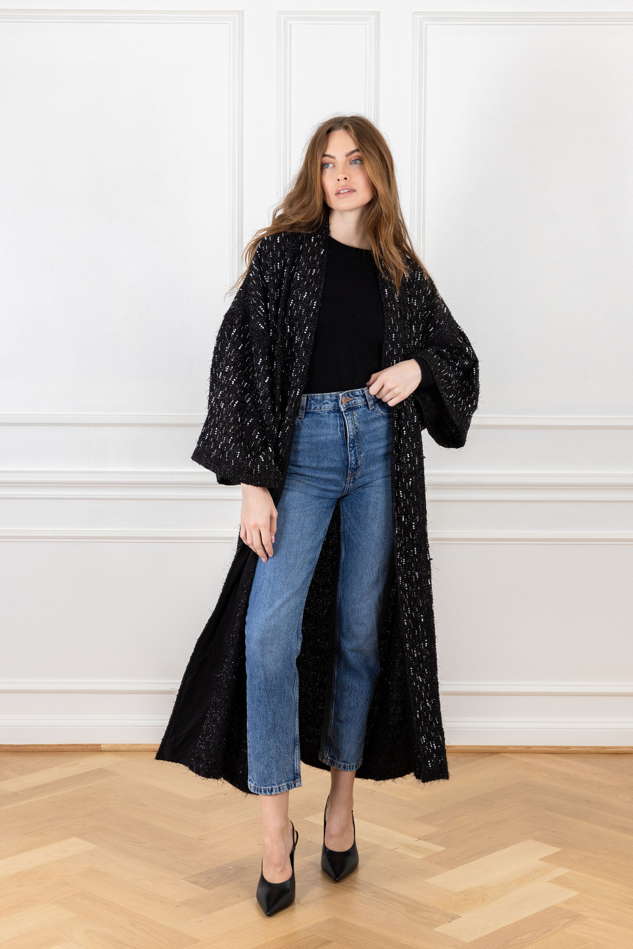 Pearly Black Woven Maxi Duster