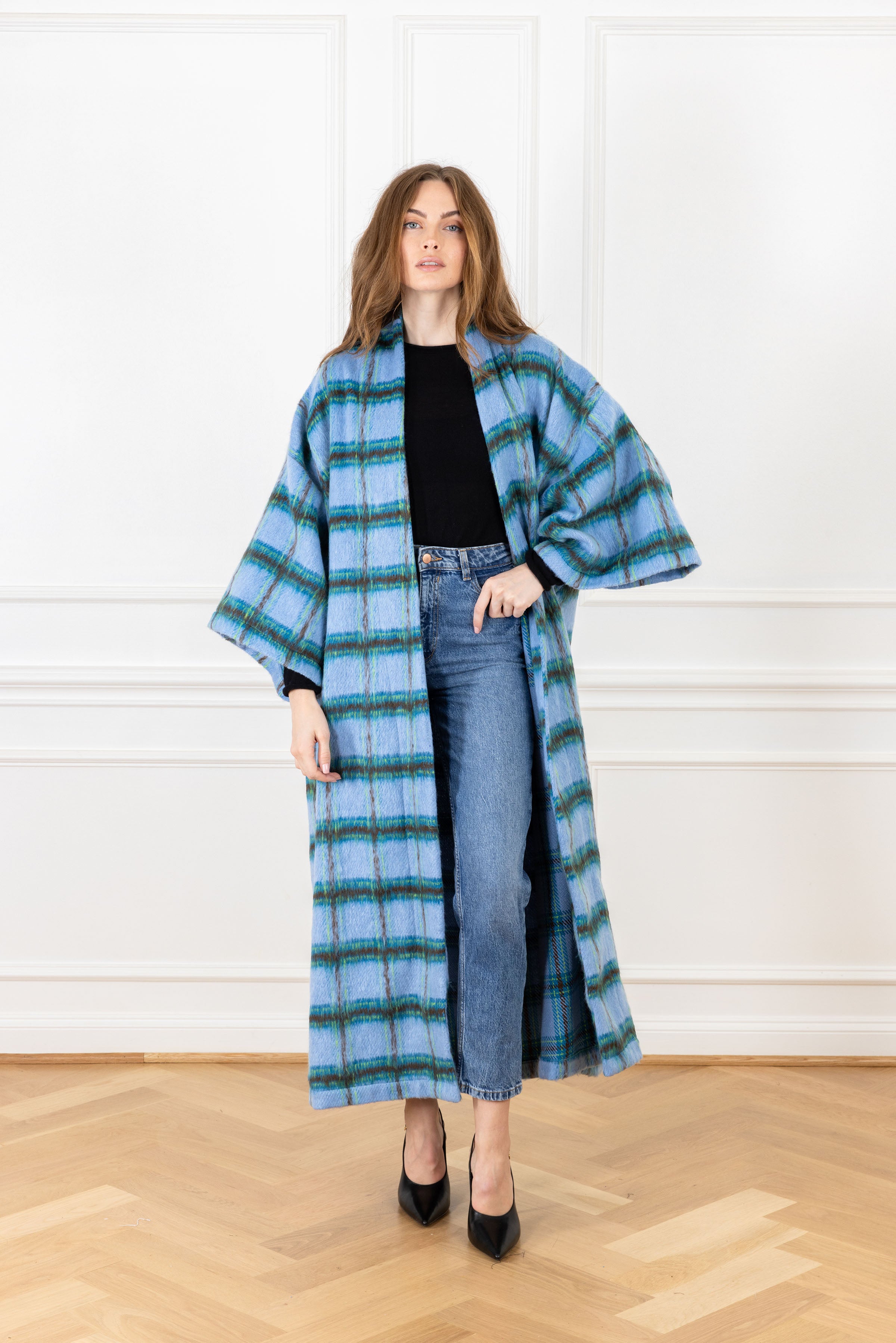 Mocha Blue Plaid Maxi Duster