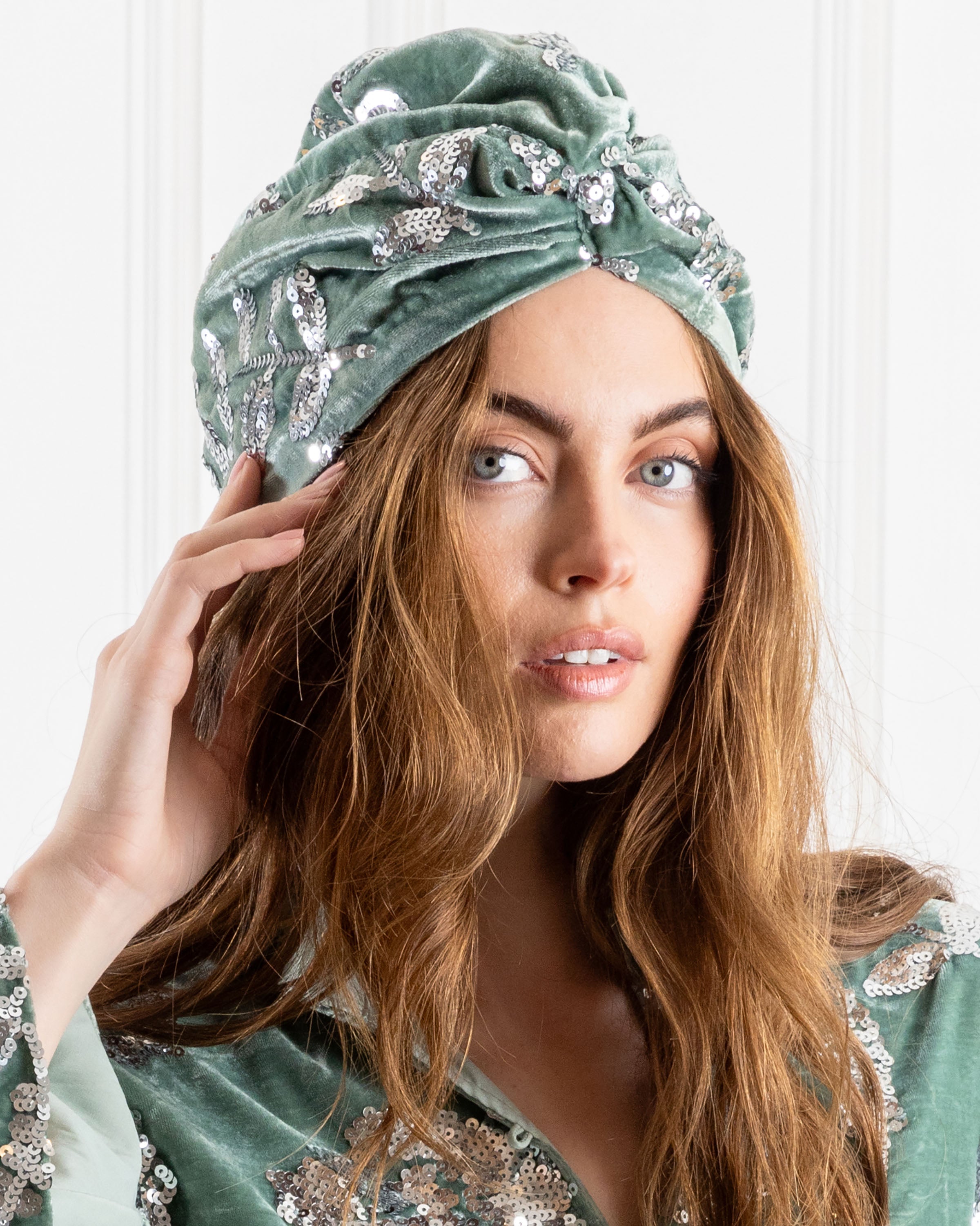 Sage Velvet Sequin Turban