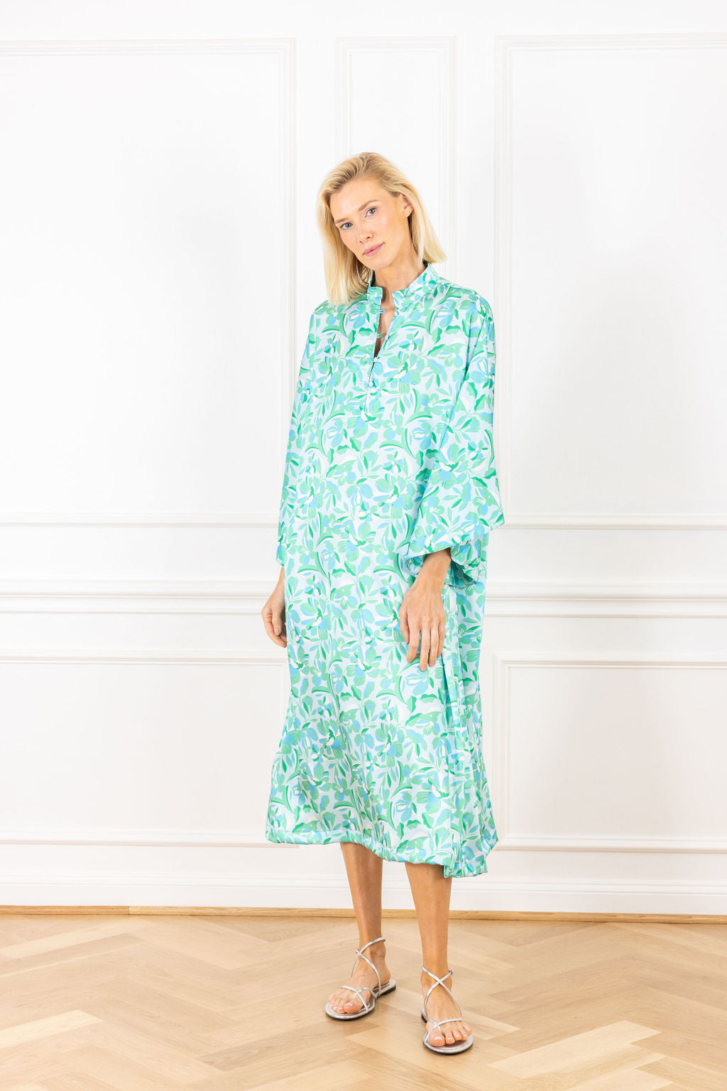 Spearmint Floral Satin Maxi Caftan