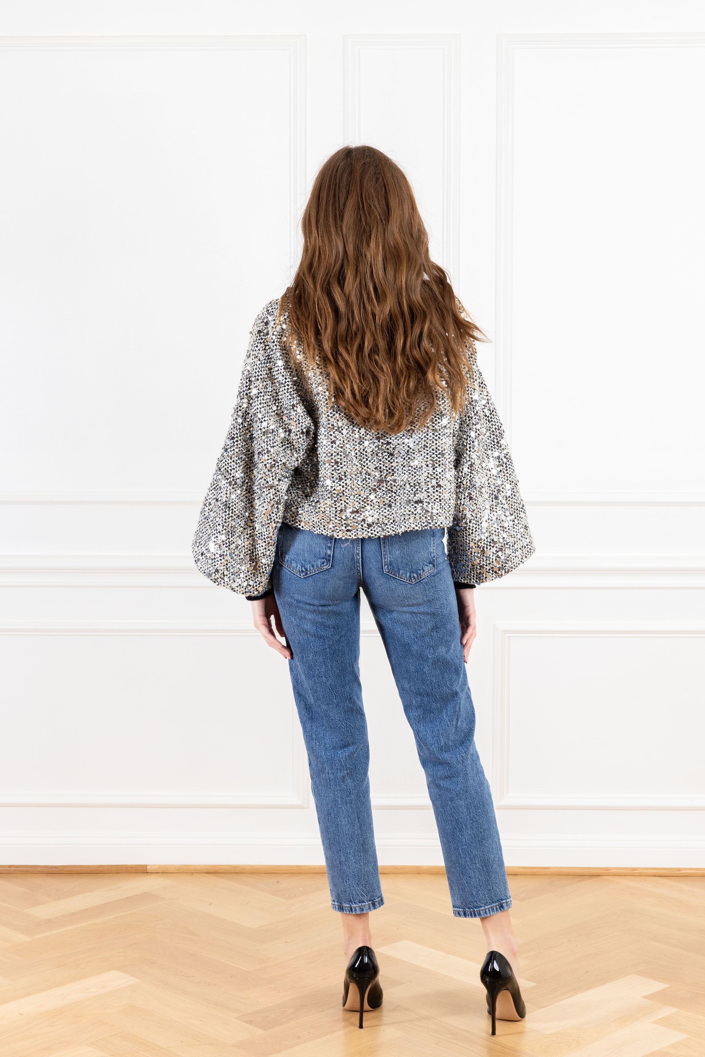 Silver Sequin Woven Cropped Jacket