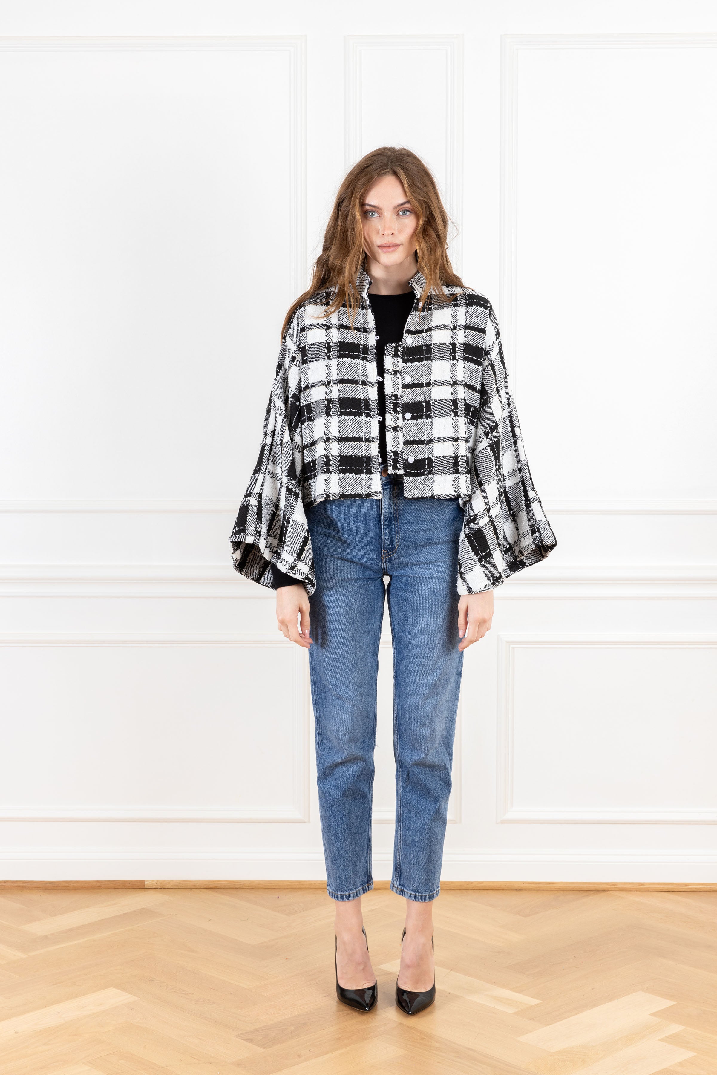 Icy Black Textured Plaid Cropped Jacket