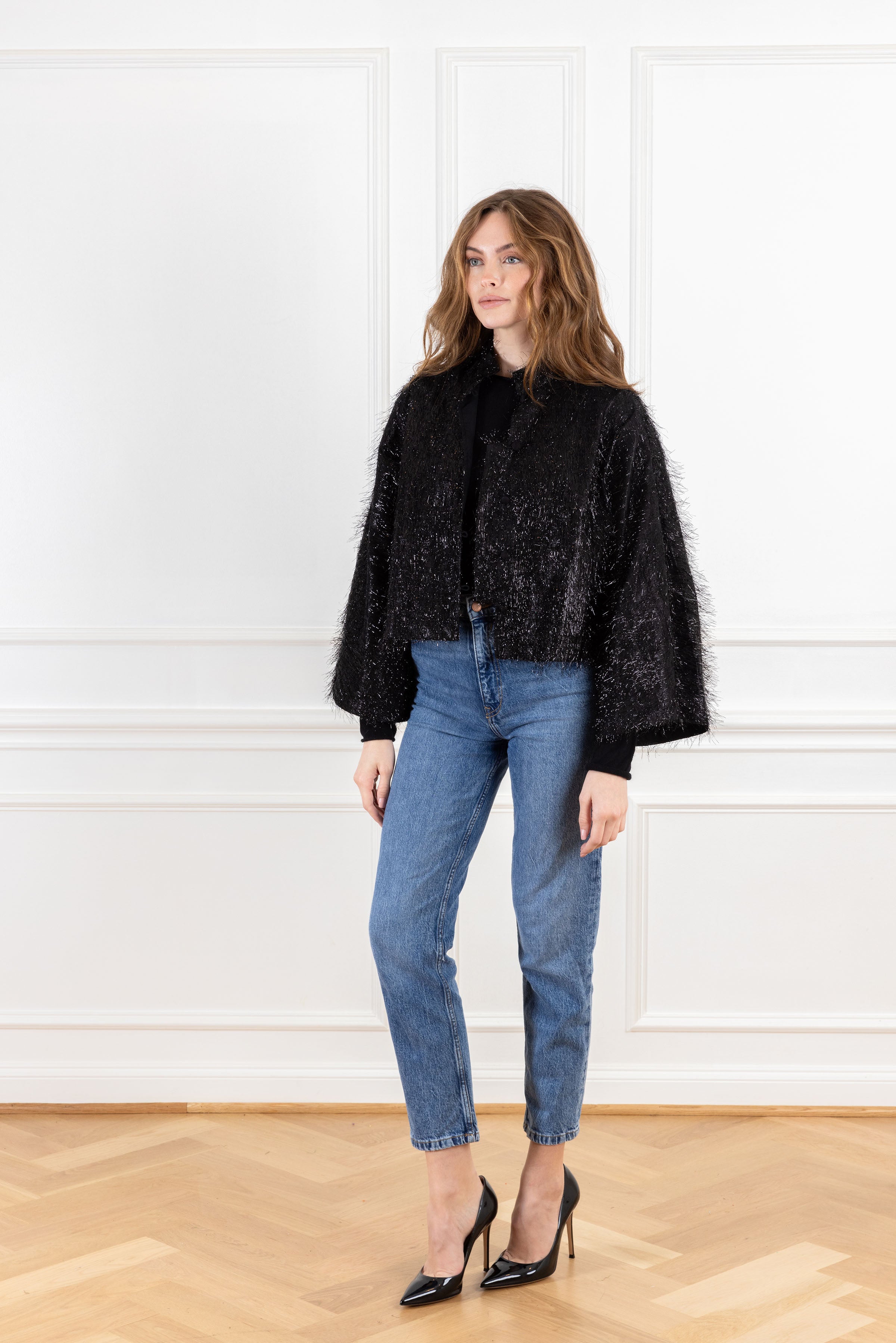 Black Tinsel Shimmer Cropped Jacket