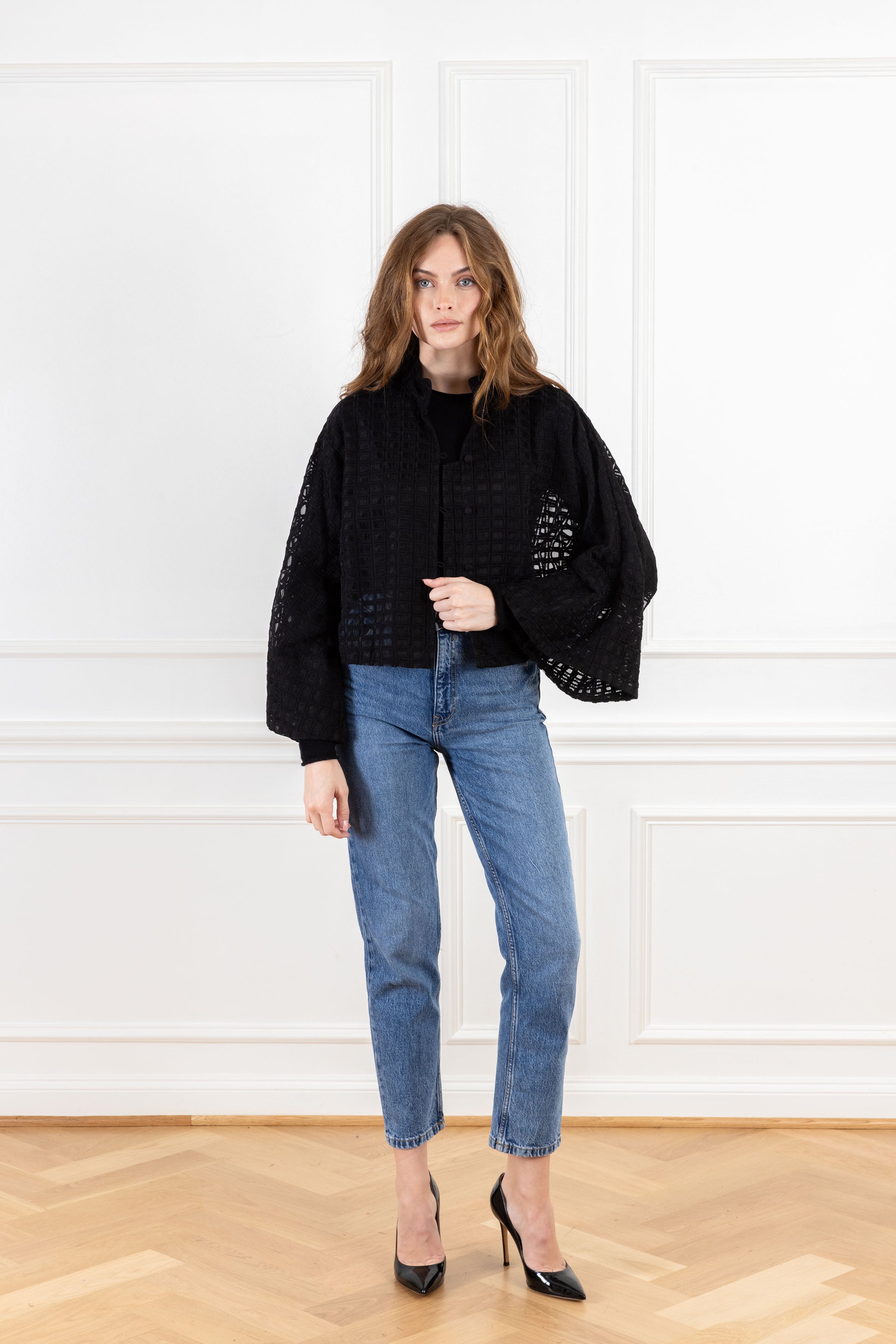 Black Grid Organza Cropped Jacket