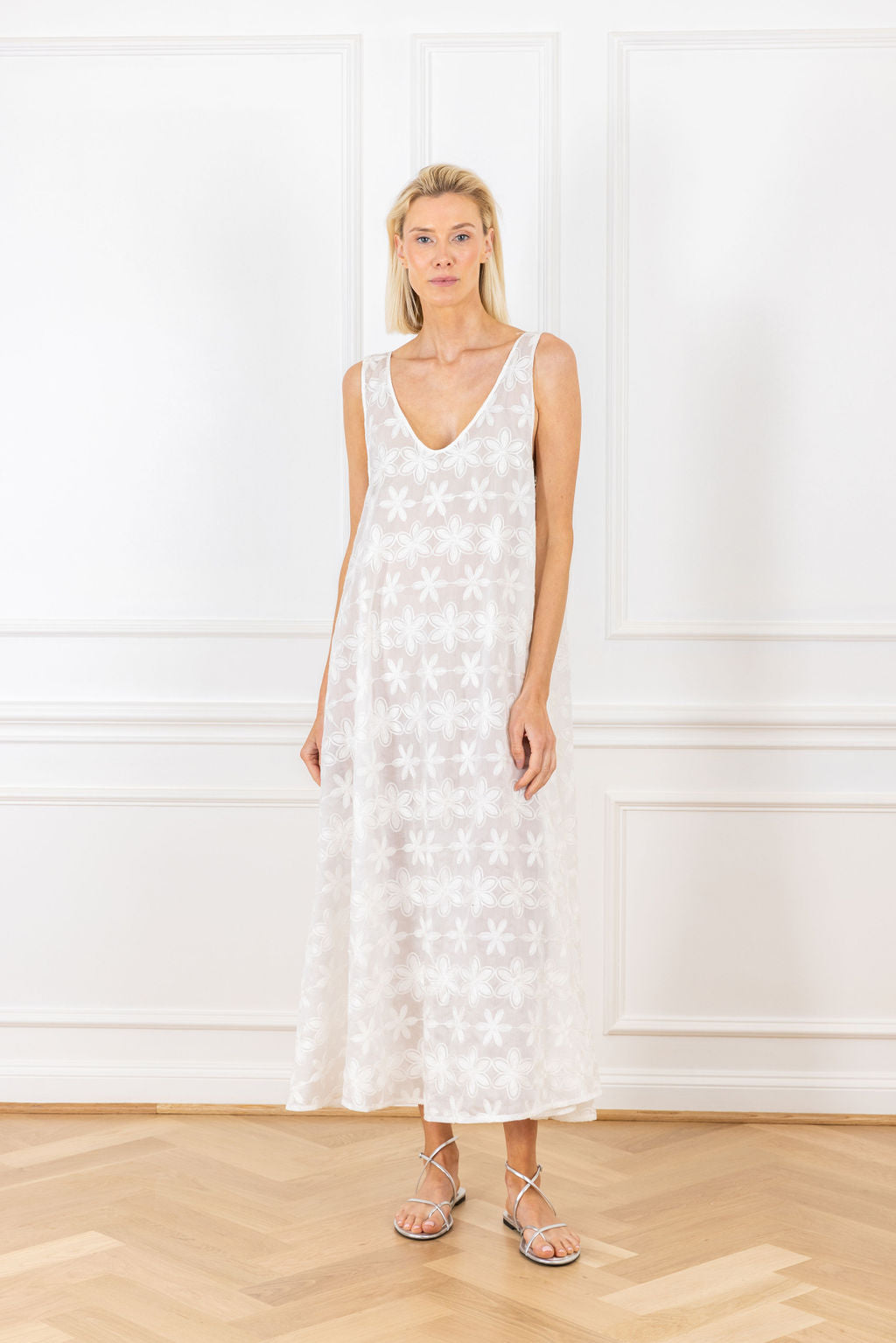 White Sheer Floral Maxi Swing Dress