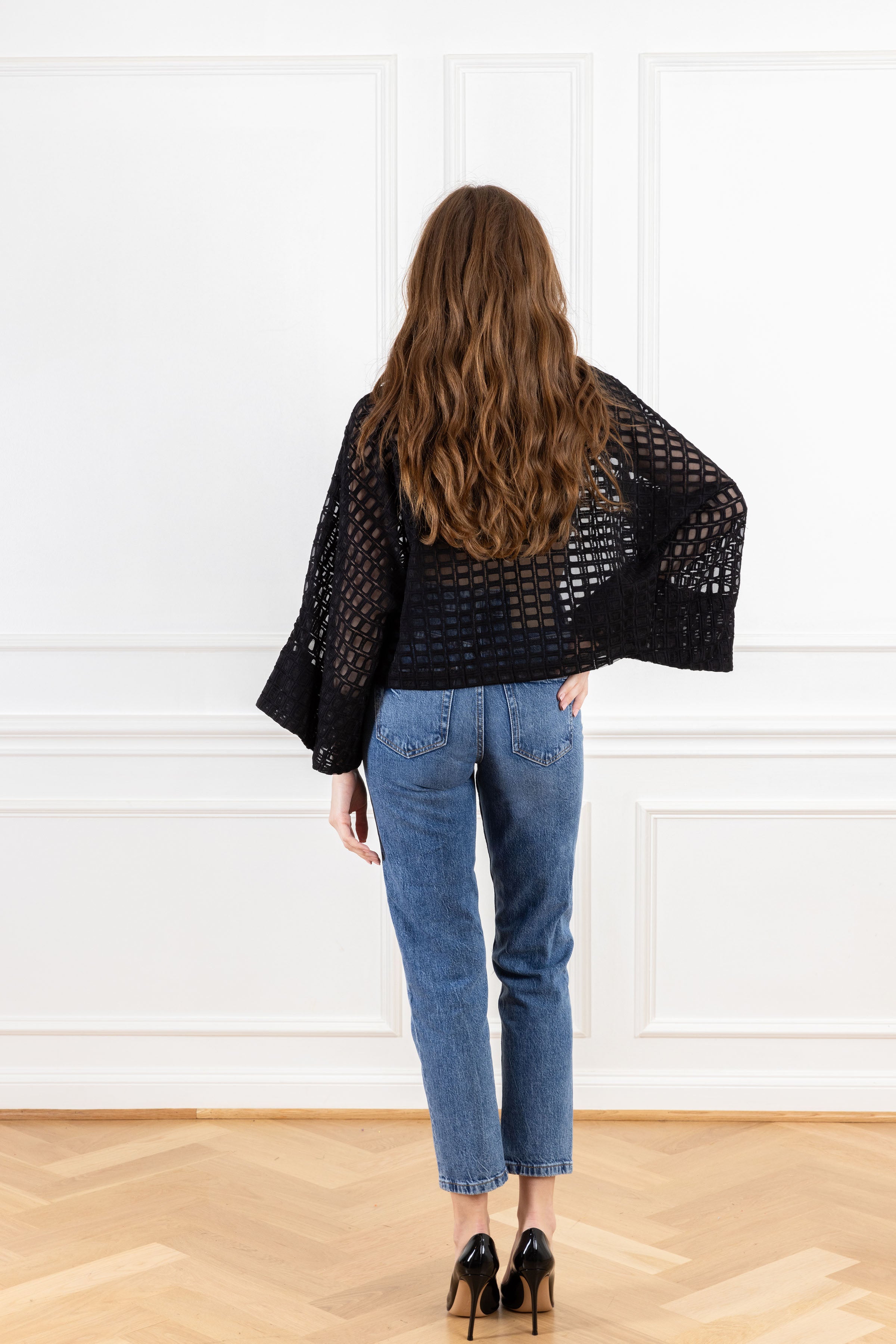 Black Grid Organza Cropped Jacket